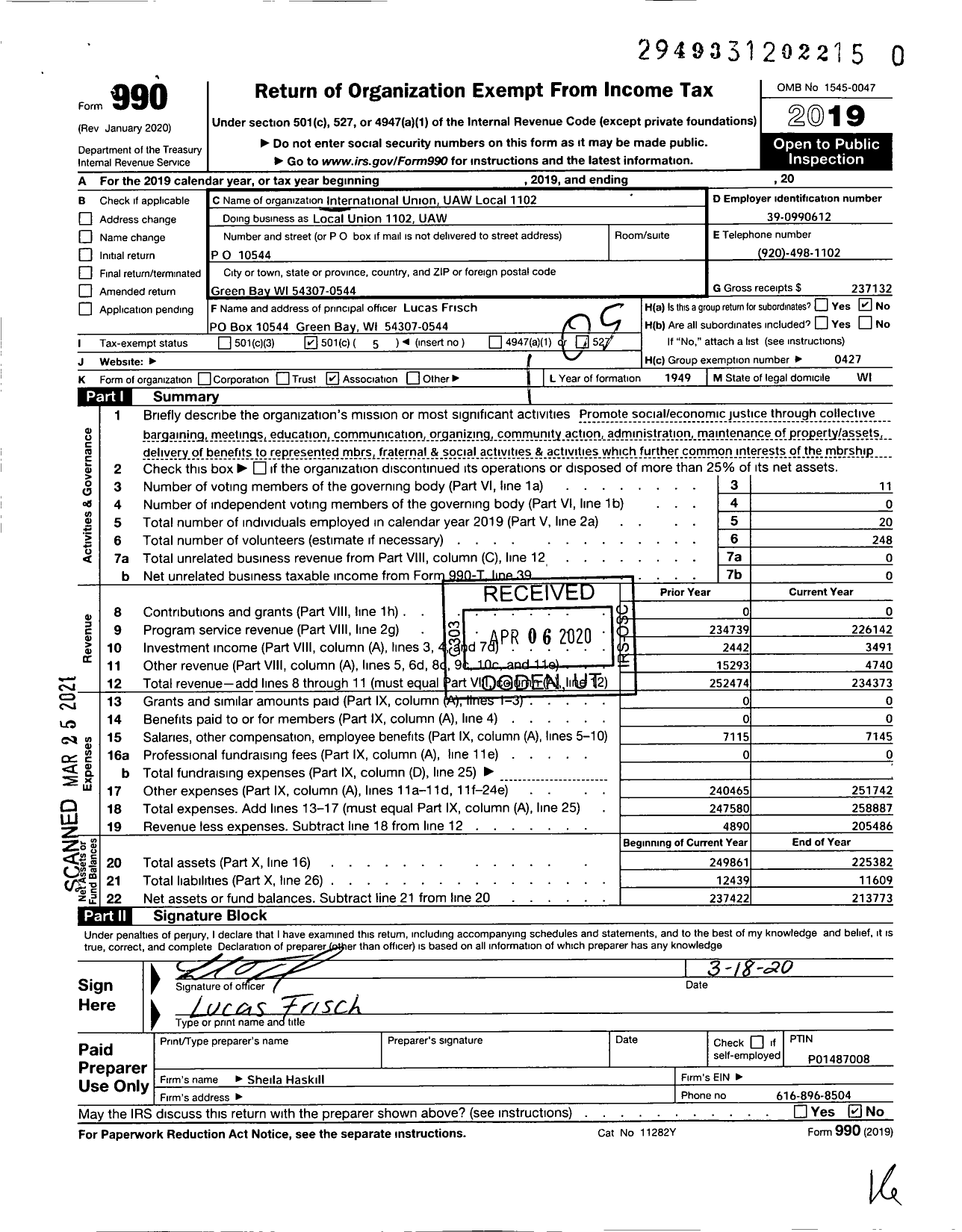 Image of first page of 2019 Form 990O for UAW - Local Union 1102 UAW