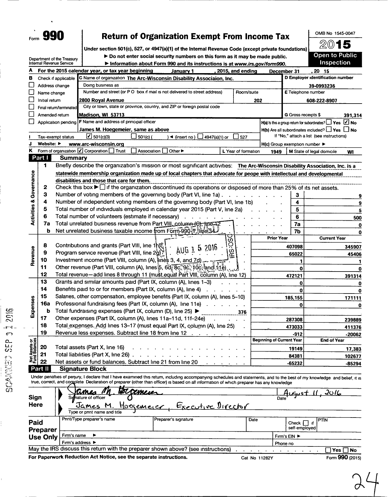 Image of first page of 2015 Form 990 for The Arc Wisconsin Disability Association