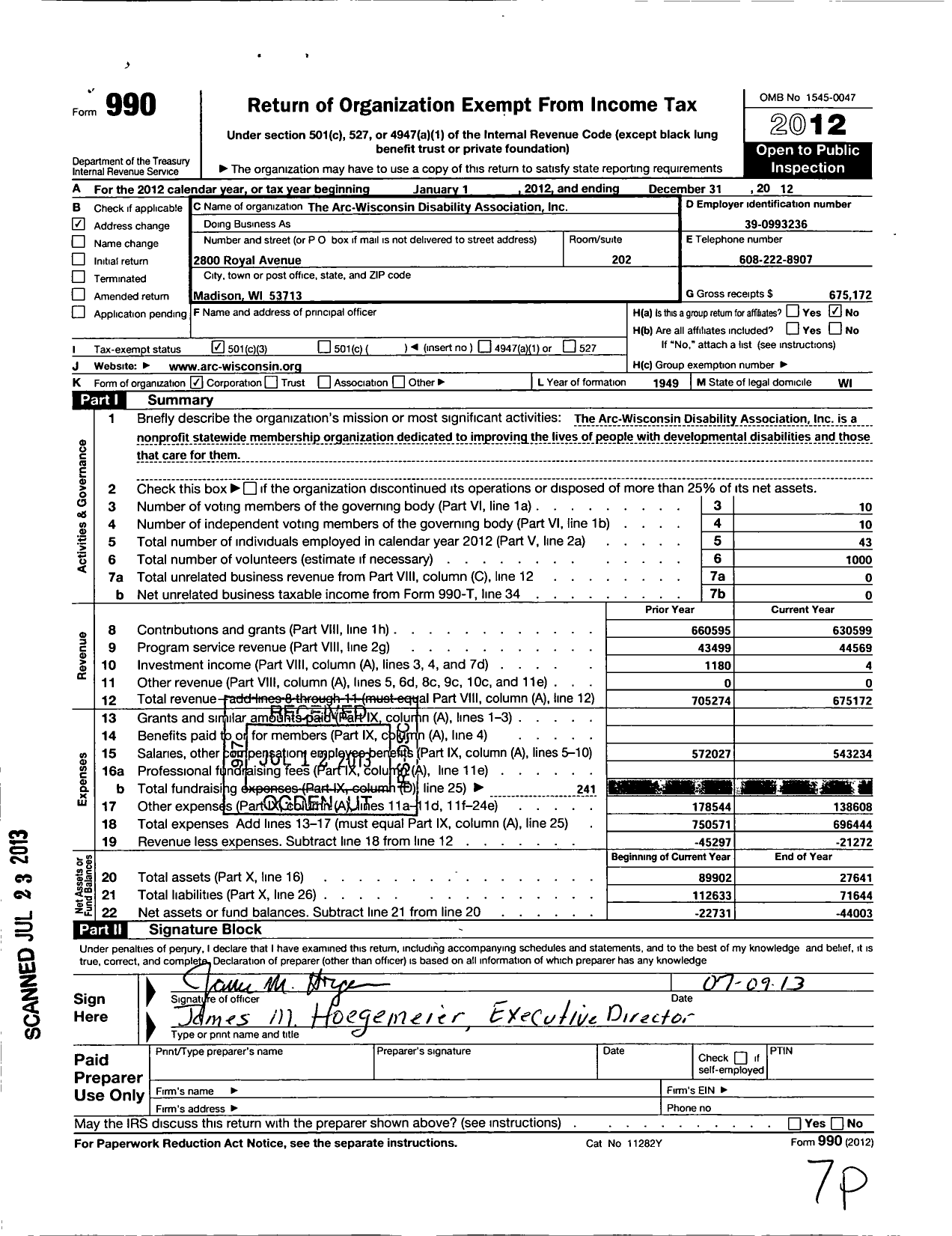 Image of first page of 2012 Form 990 for The Arc Wisconsin Disability Association