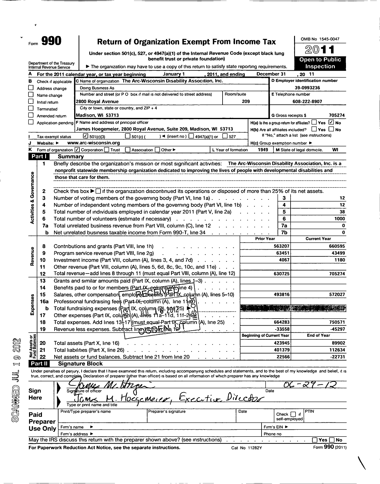 Image of first page of 2011 Form 990 for The Arc Wisconsin Disability Association