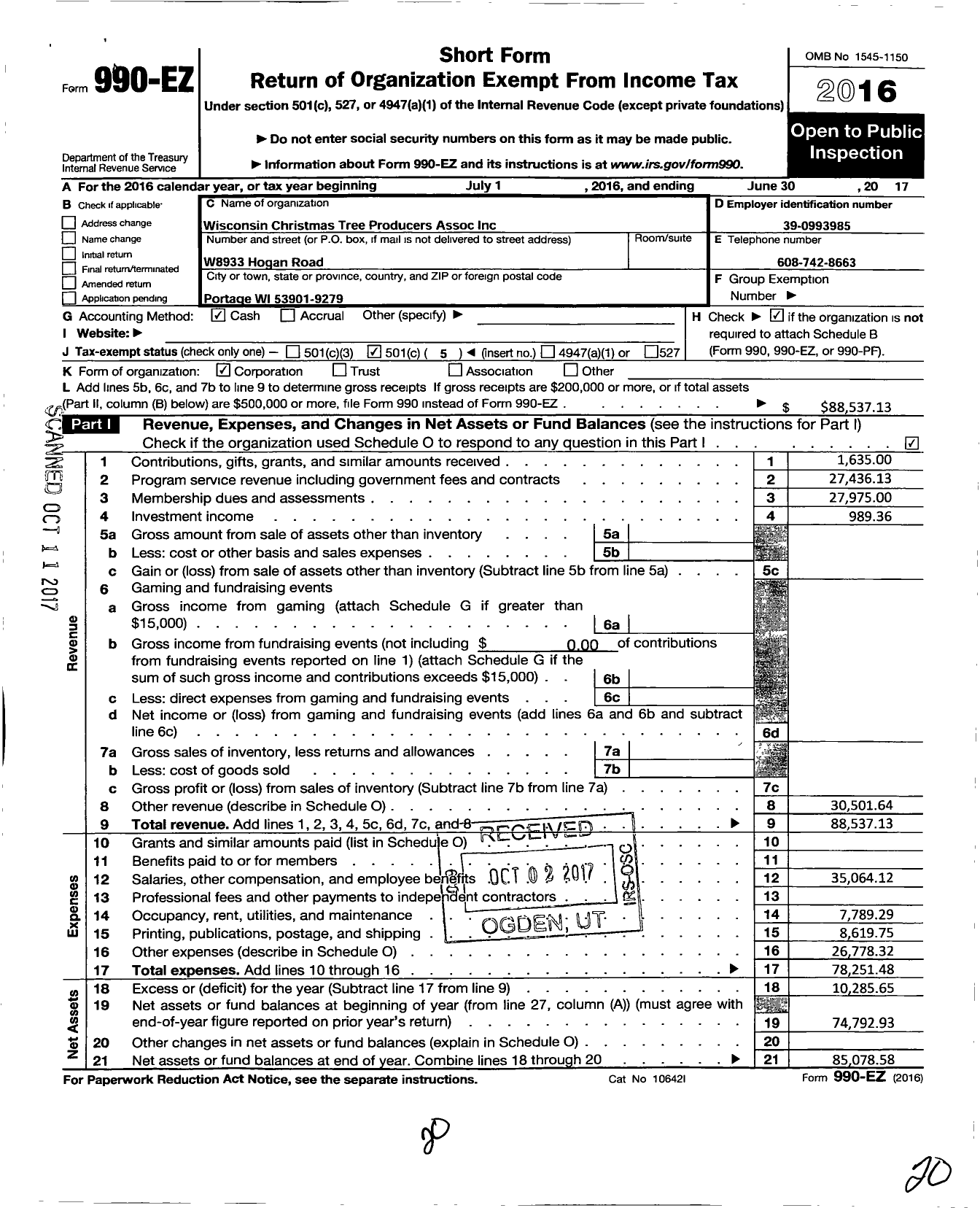 Image of first page of 2016 Form 990EO for Wisconsin Christmas Tree Producers Association