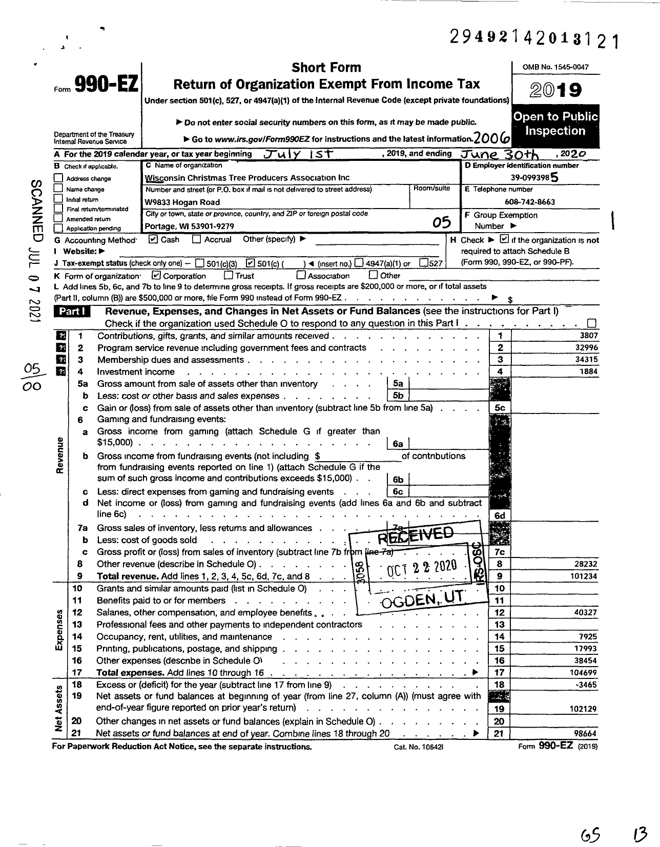 Image of first page of 2019 Form 990EO for Wisconsin Christmas Tree Producers Association