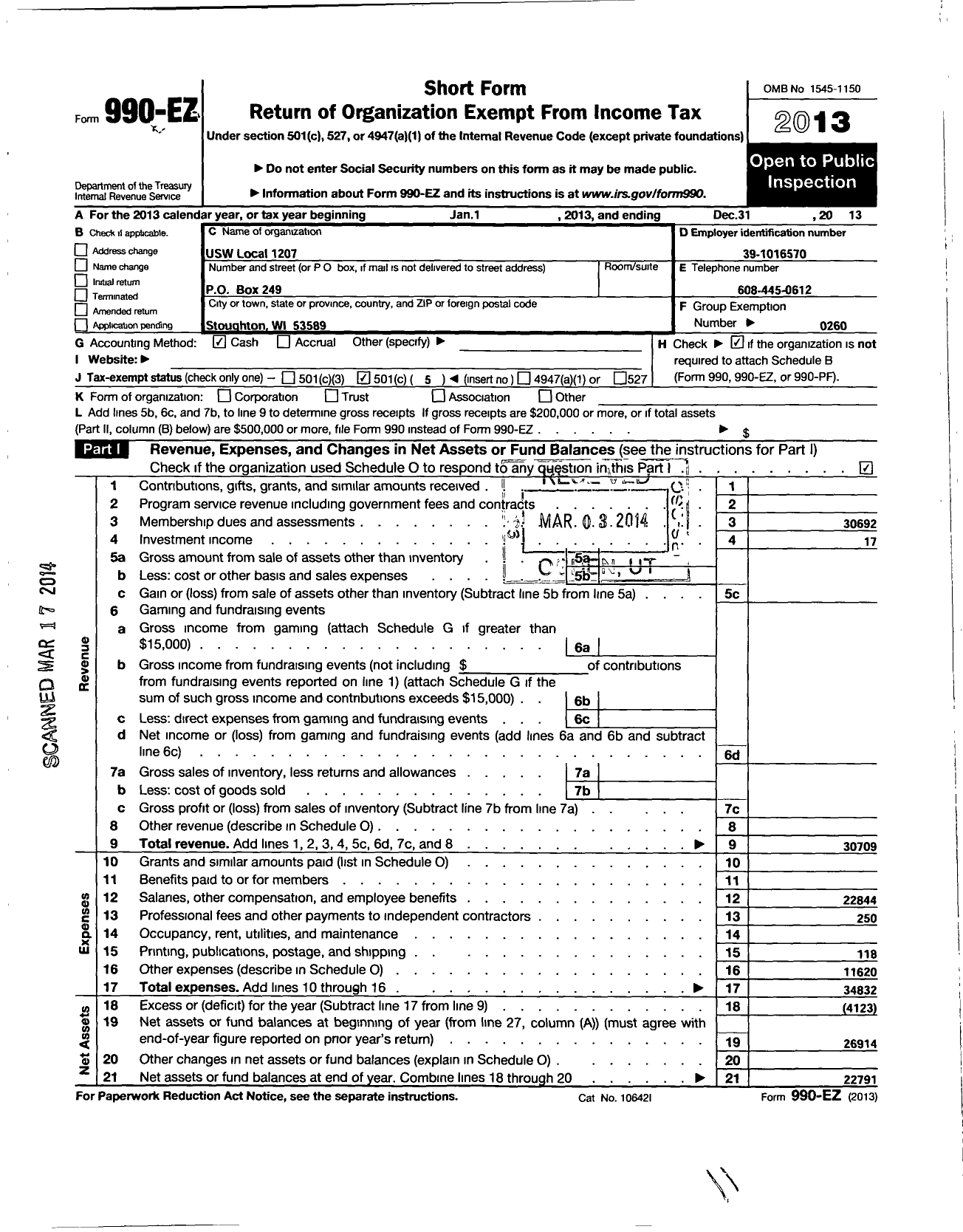 Image of first page of 2013 Form 990EO for United Steelworkers - 01207 Local