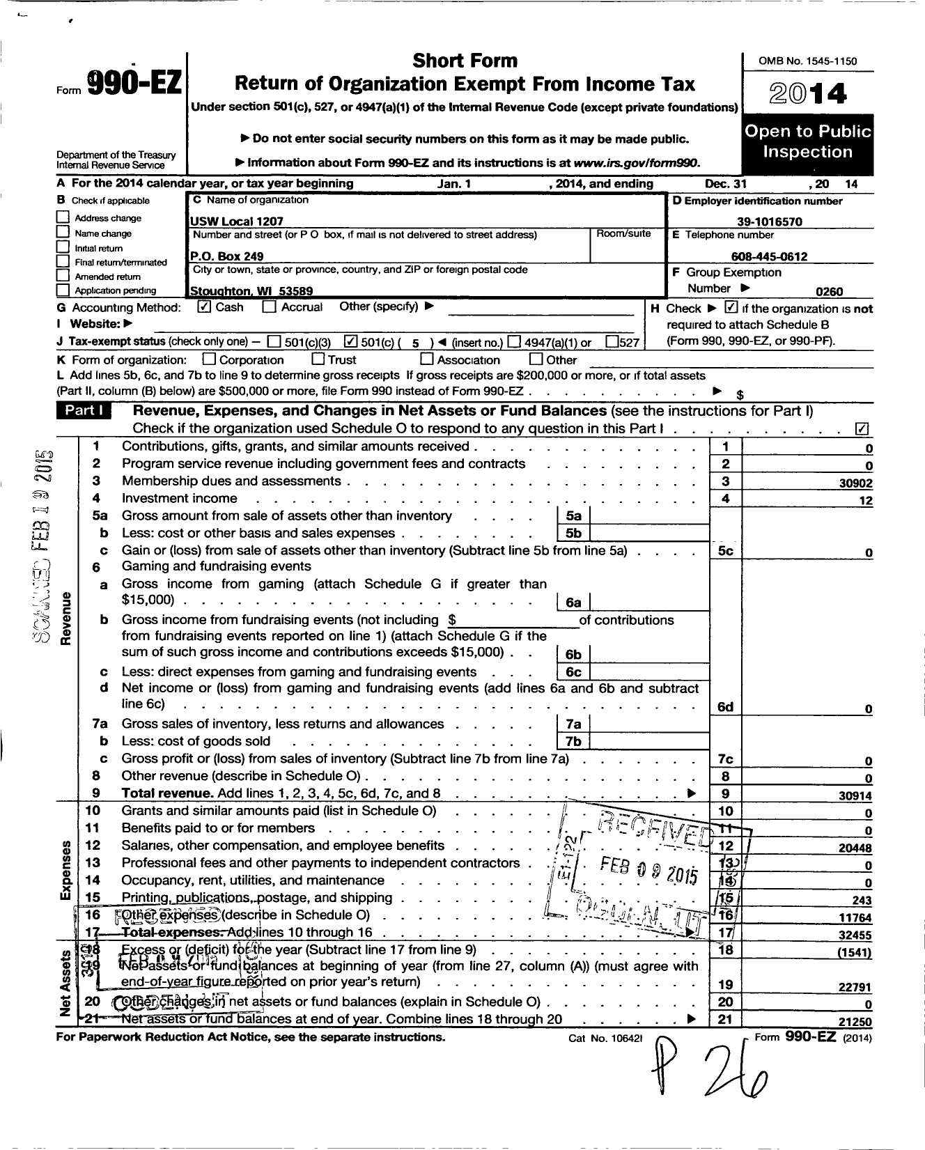 Image of first page of 2014 Form 990EO for United Steelworkers - 01207 Local