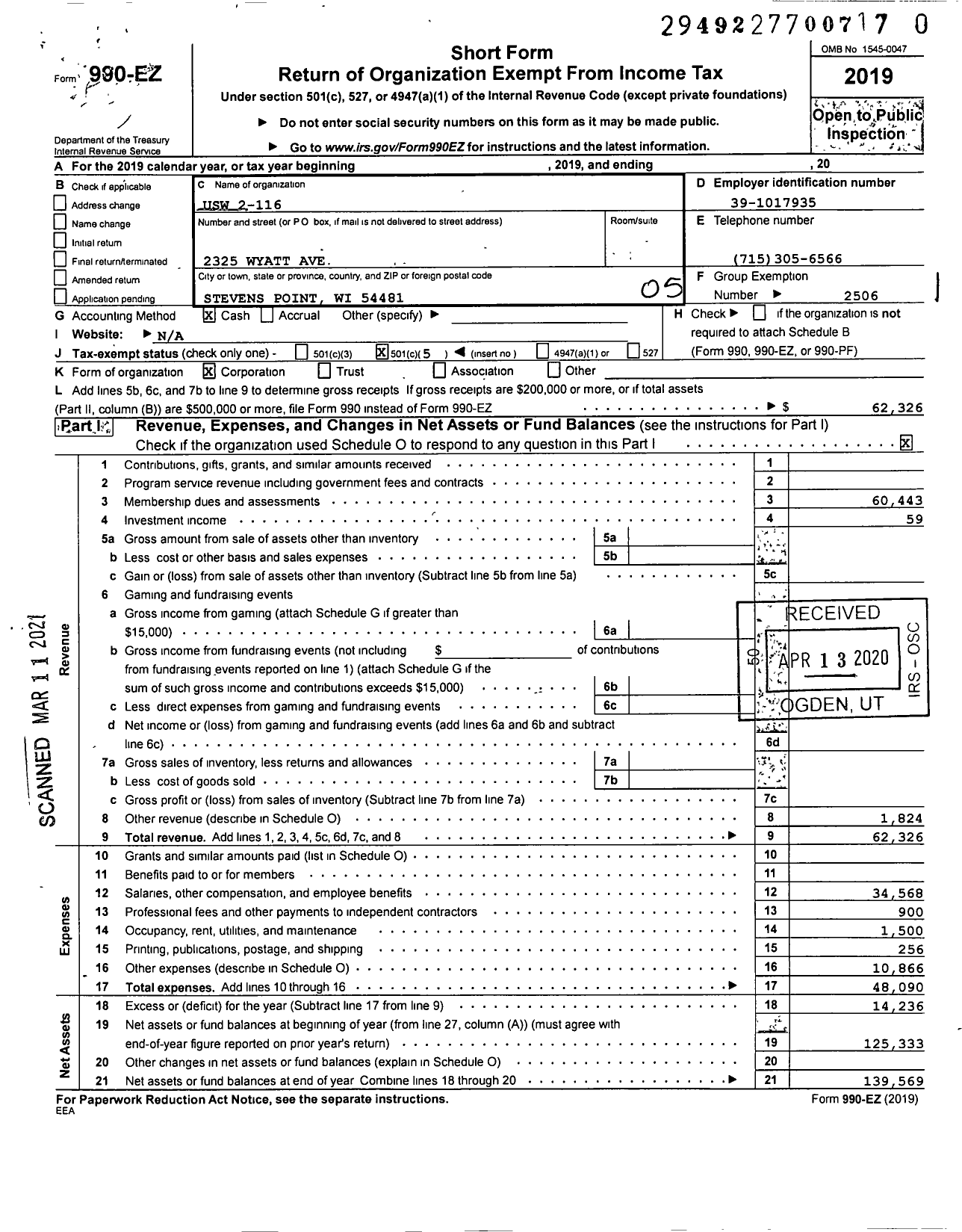 Image of first page of 2019 Form 990EO for United Steelworkers - 2-00116 Local