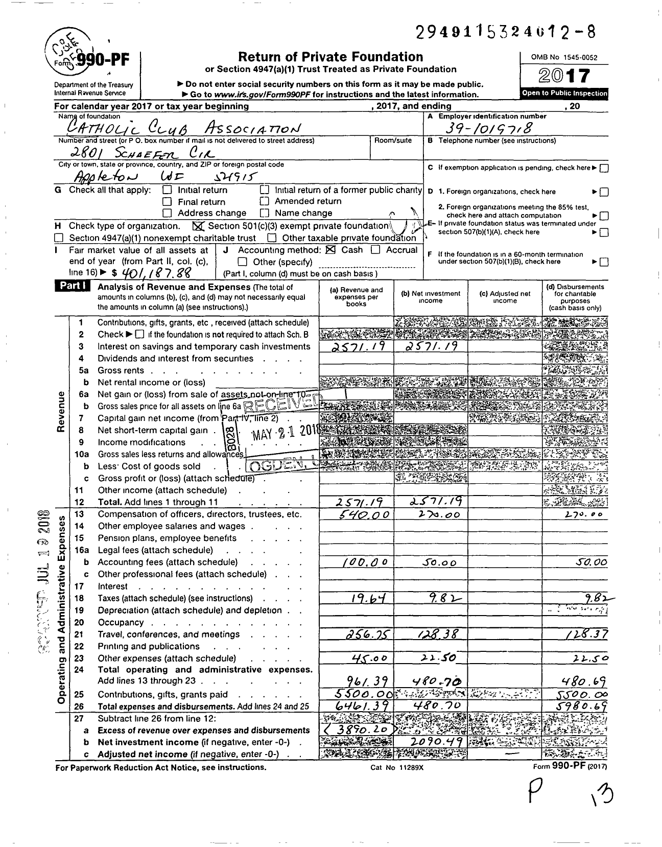 Image of first page of 2017 Form 990PF for Catholic Club Association