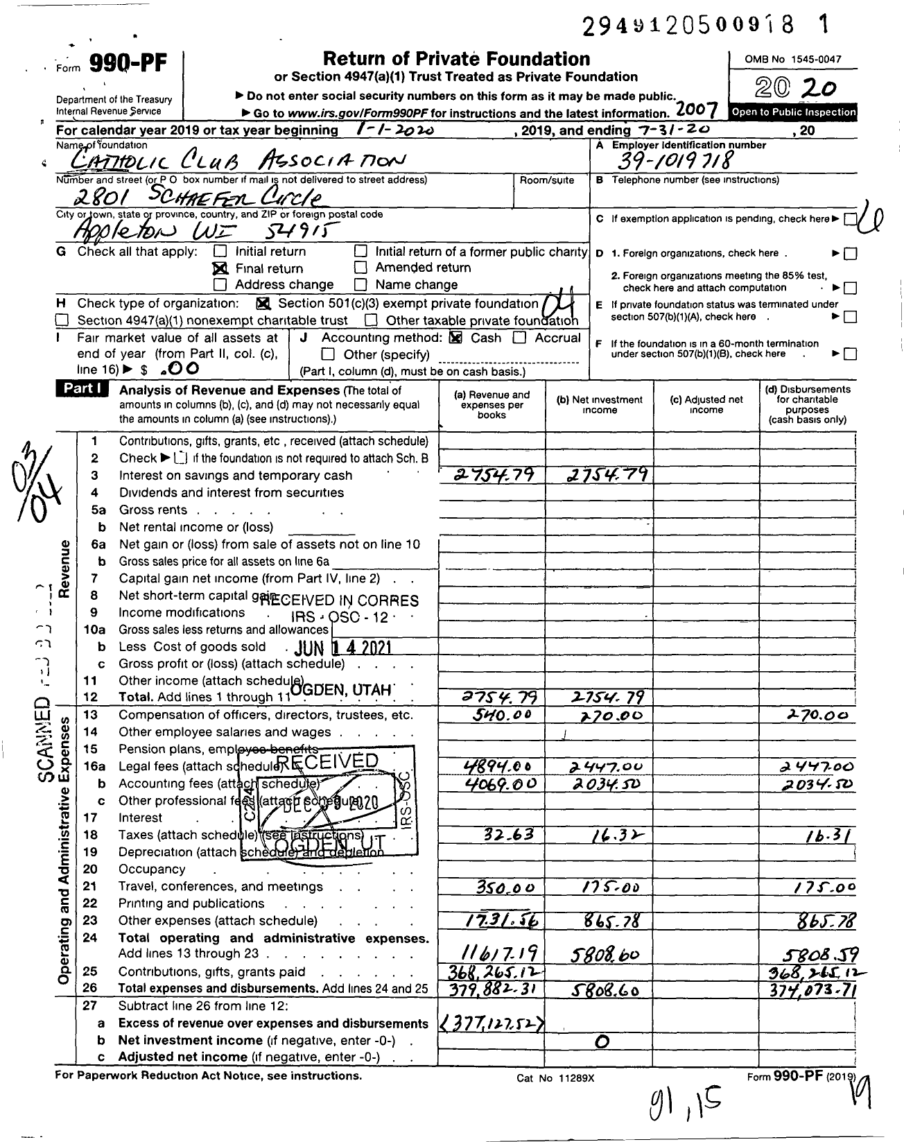 Image of first page of 2019 Form 990PF for Catholic Club Association