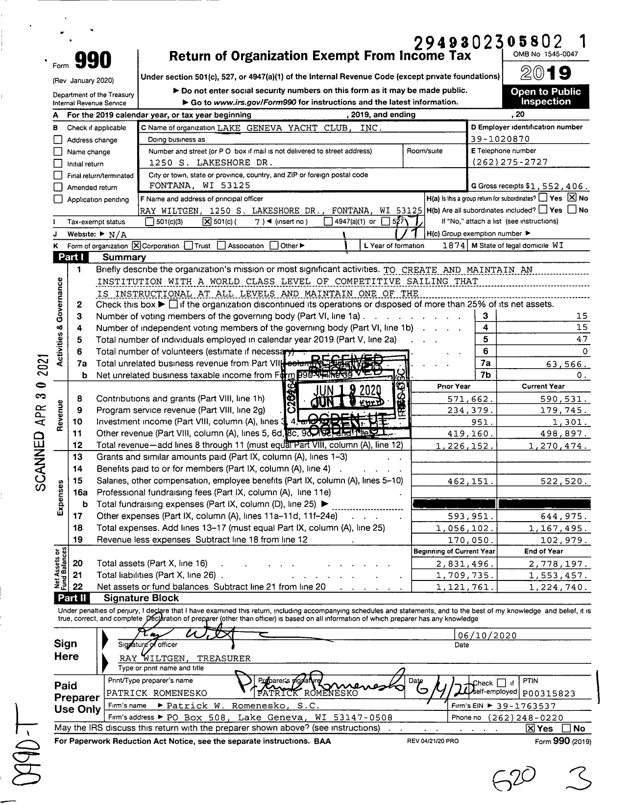 Image of first page of 2019 Form 990O for Lake Geneva Yacht Club