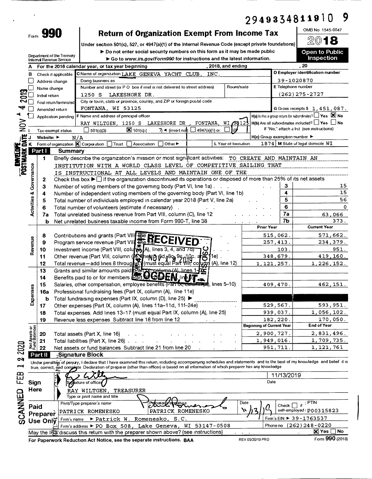 Image of first page of 2018 Form 990O for Lake Geneva Yacht Club