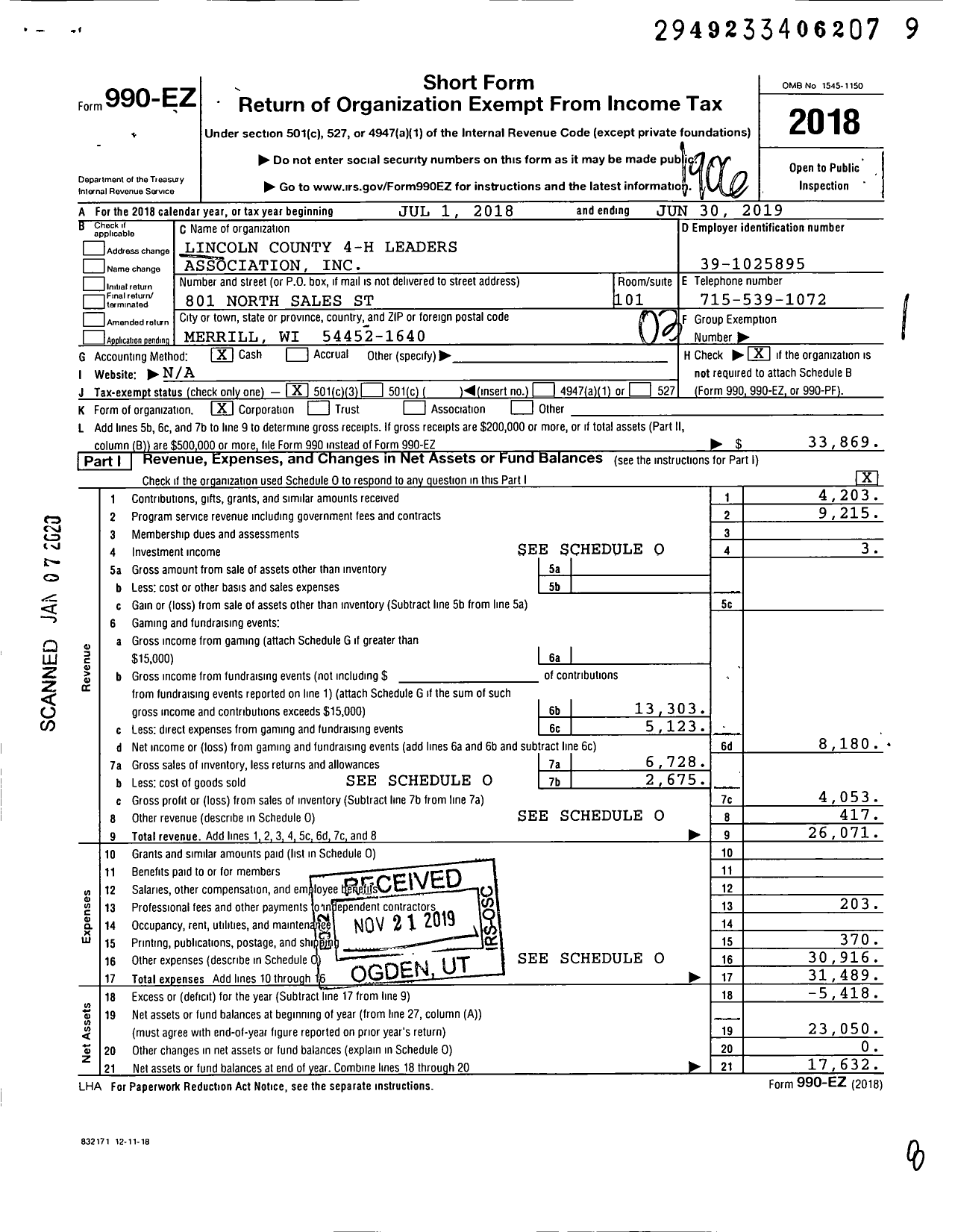 Image of first page of 2018 Form 990EZ for Lincoln County 4-H Leaders Association