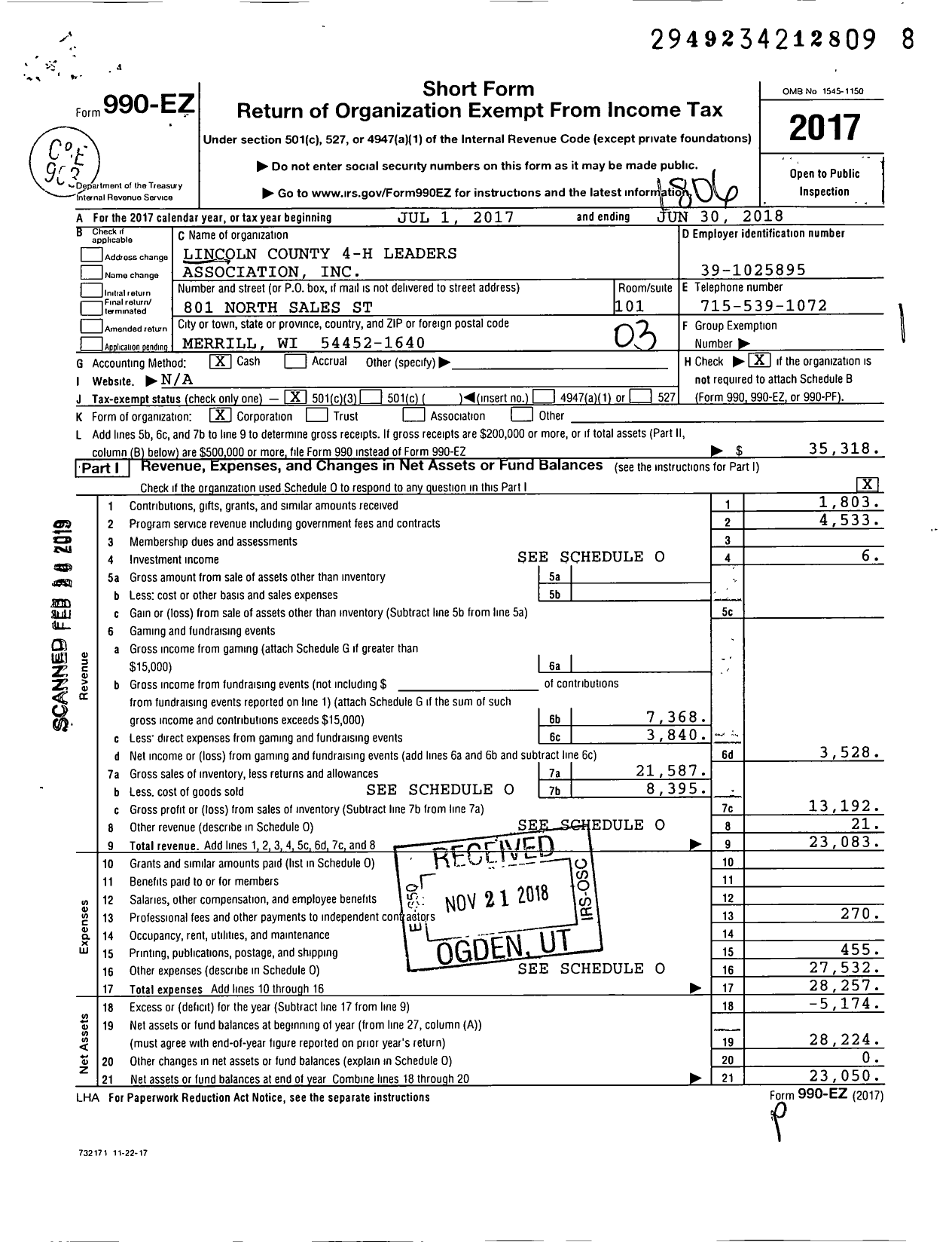 Image of first page of 2017 Form 990EZ for Lincoln County 4-H Leaders Association