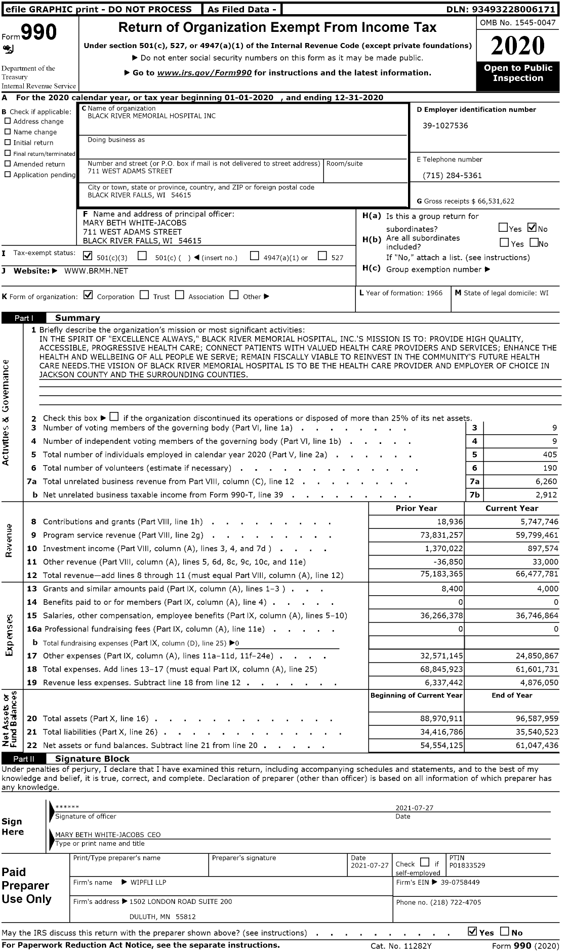 Image of first page of 2020 Form 990 for Black River Memorial Hospital (BRMH)