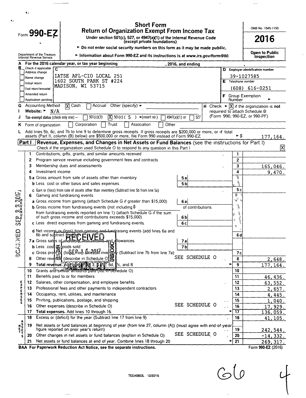 Image of first page of 2016 Form 990EO for International Alliance of Theatrical Stage Employees - 251 Local