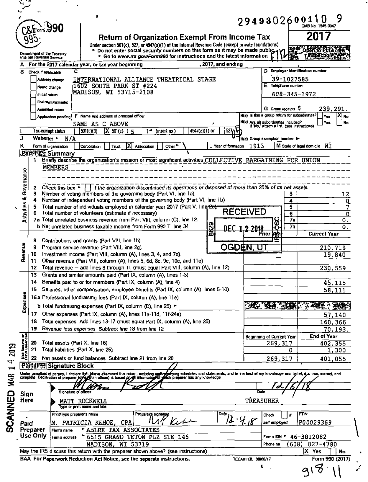 Image of first page of 2017 Form 990O for International Alliance of Theatrical Stage Employees - 251 Local