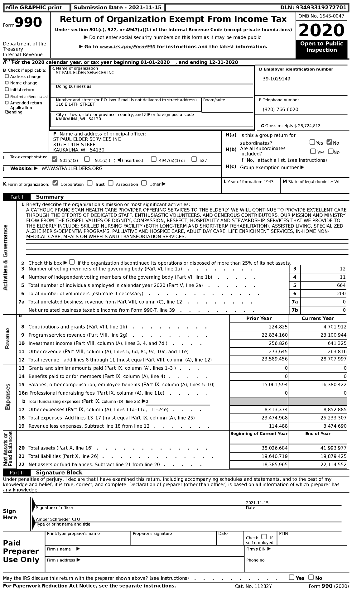 Image of first page of 2020 Form 990 for St Paul Elder Services
