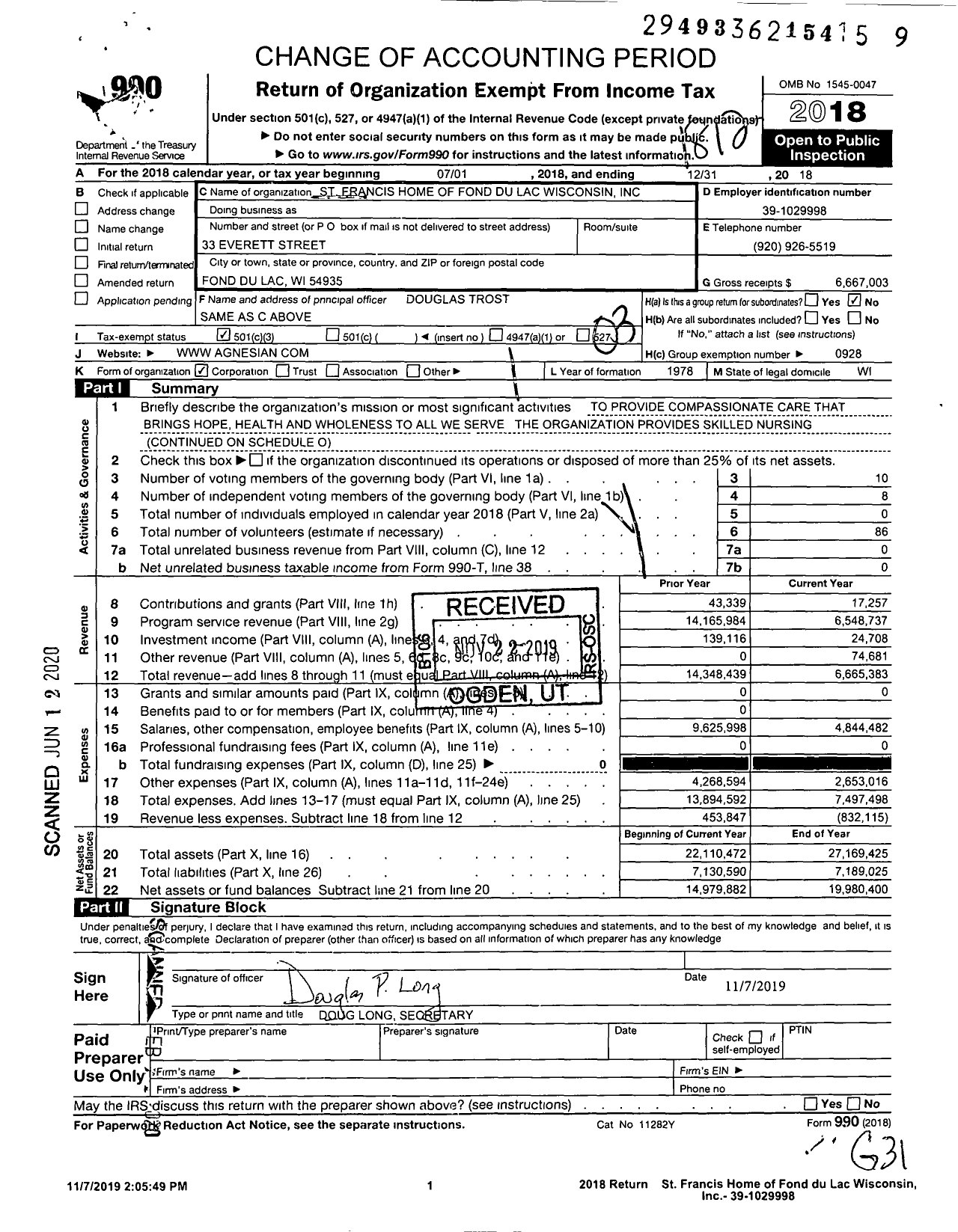 Image of first page of 2018 Form 990 for St Francis Home of Fond du Lac Wisconsin