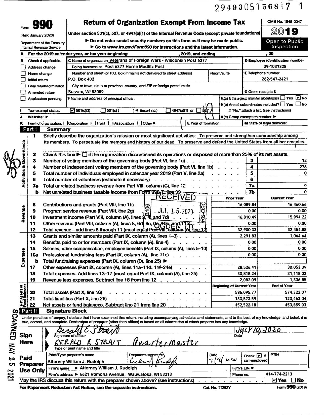 Image of first page of 2019 Form 990O for VFW Wi - Post 6377 Horne Mudlitz Post