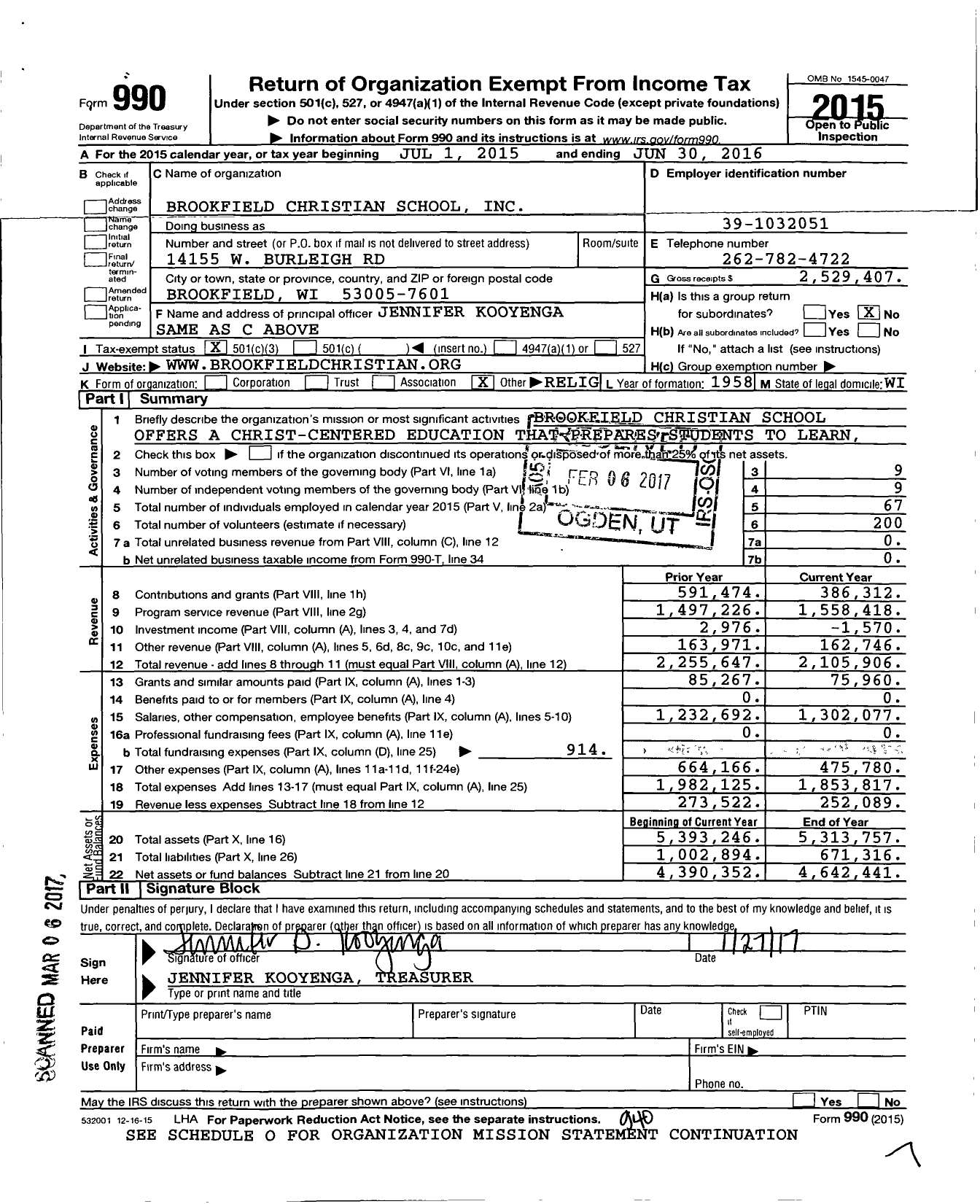 Image of first page of 2015 Form 990 for Brookfield Christian School