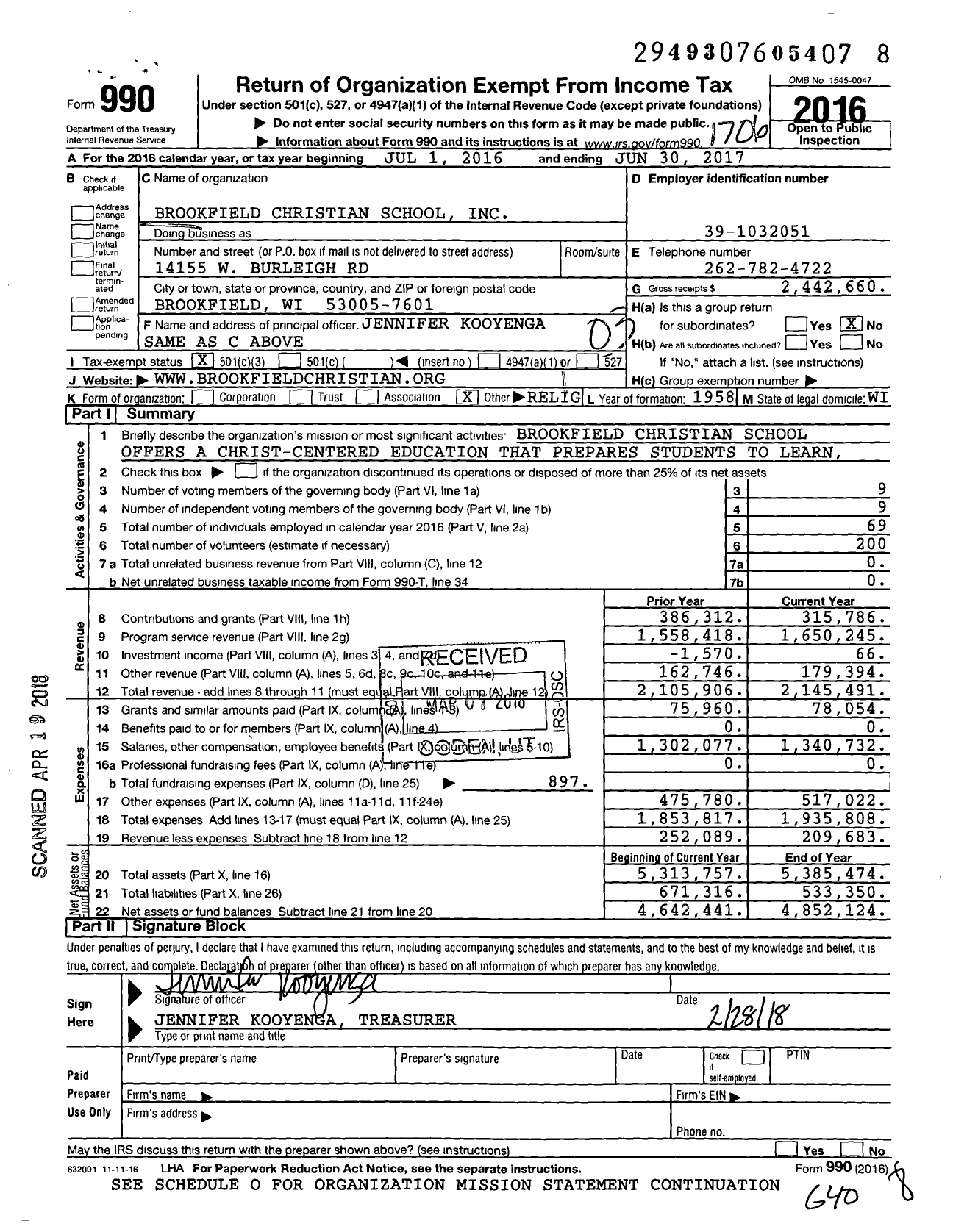 Image of first page of 2016 Form 990 for Brookfield Christian School