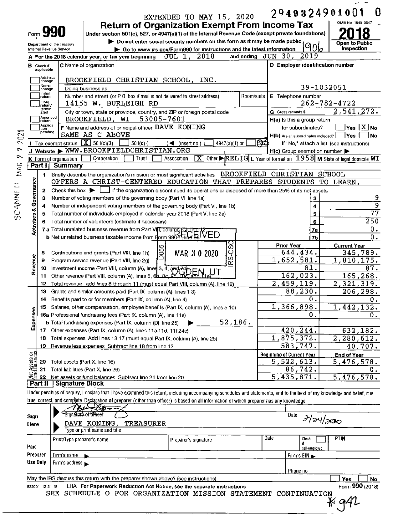 Image of first page of 2018 Form 990 for Brookfield Christian School