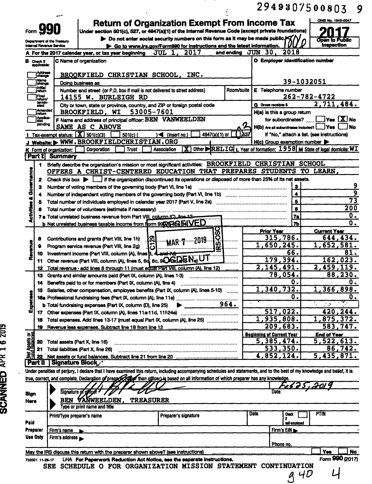 Image of first page of 2017 Form 990 for Brookfield Christian School