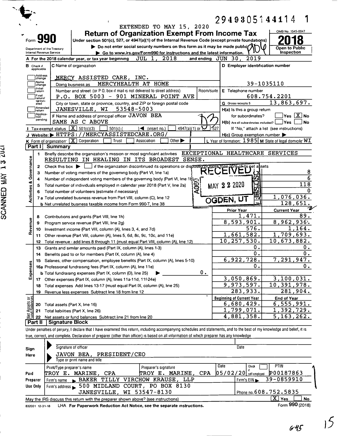 Image of first page of 2018 Form 990 for Mercyhealth at Home