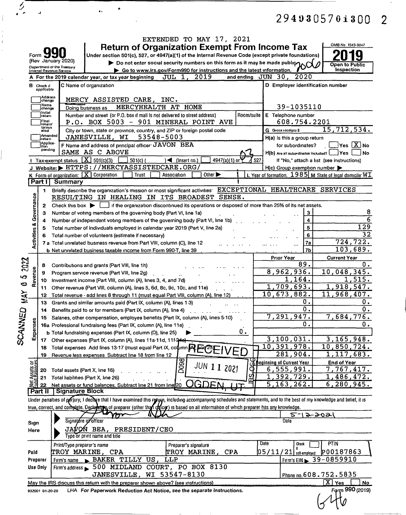 Image of first page of 2019 Form 990 for Mercyhealth at Home