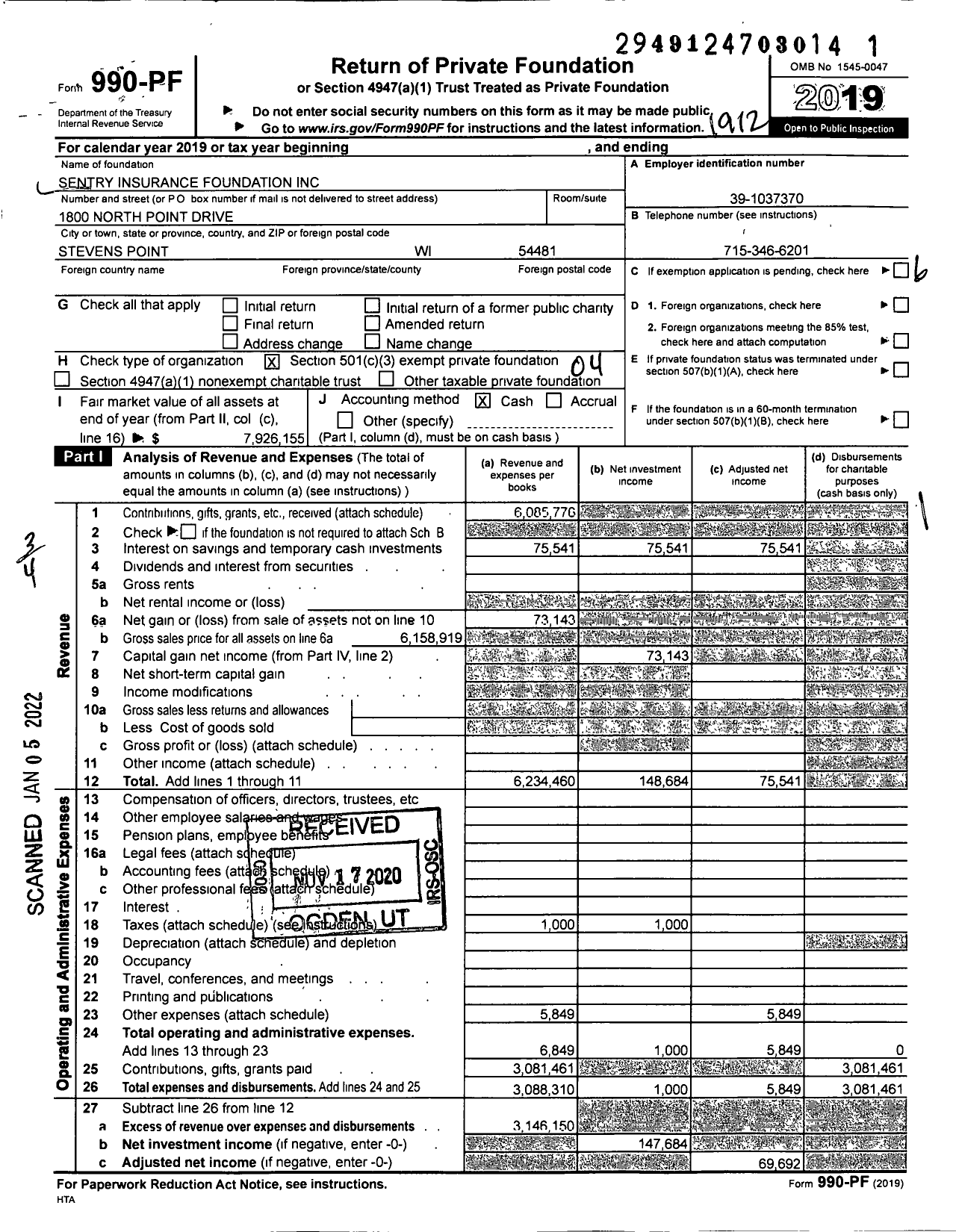 Image of first page of 2019 Form 990PF for Sentry Insurance Foundation
