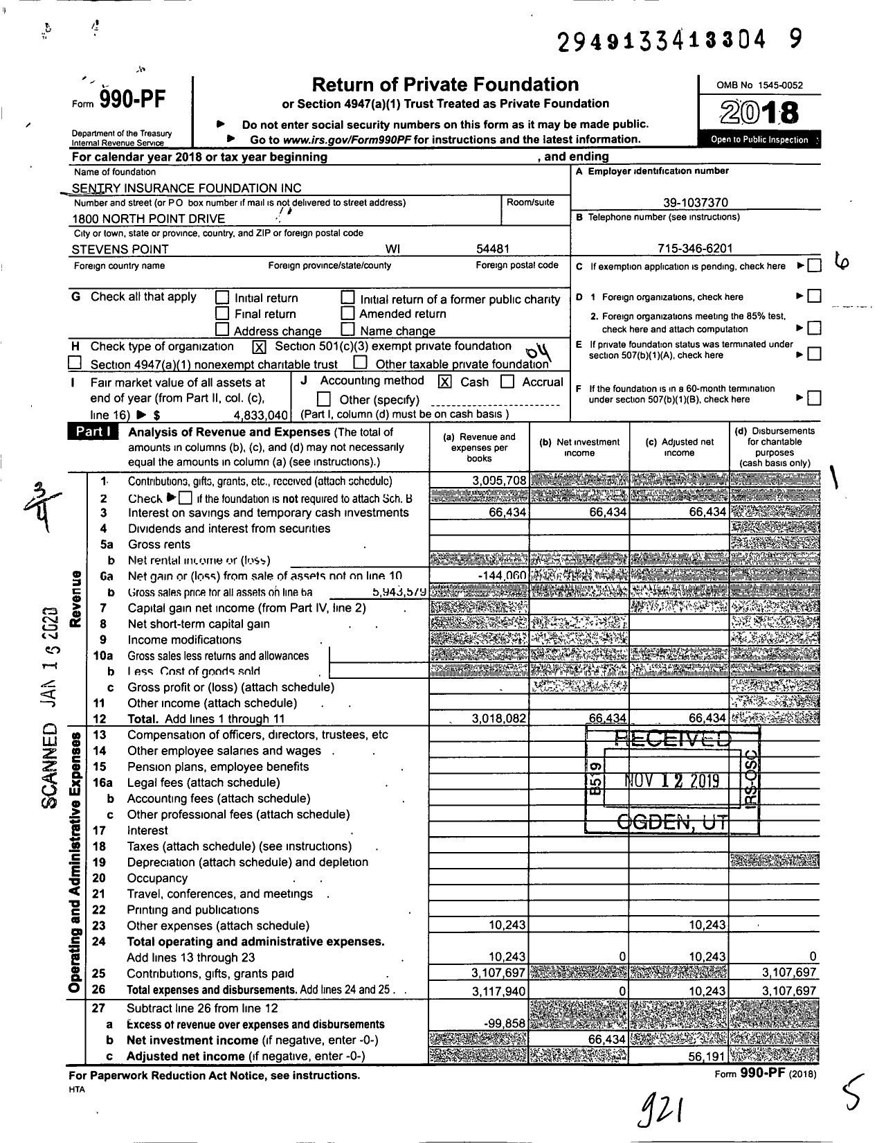 Image of first page of 2018 Form 990PF for Sentry Insurance Foundation