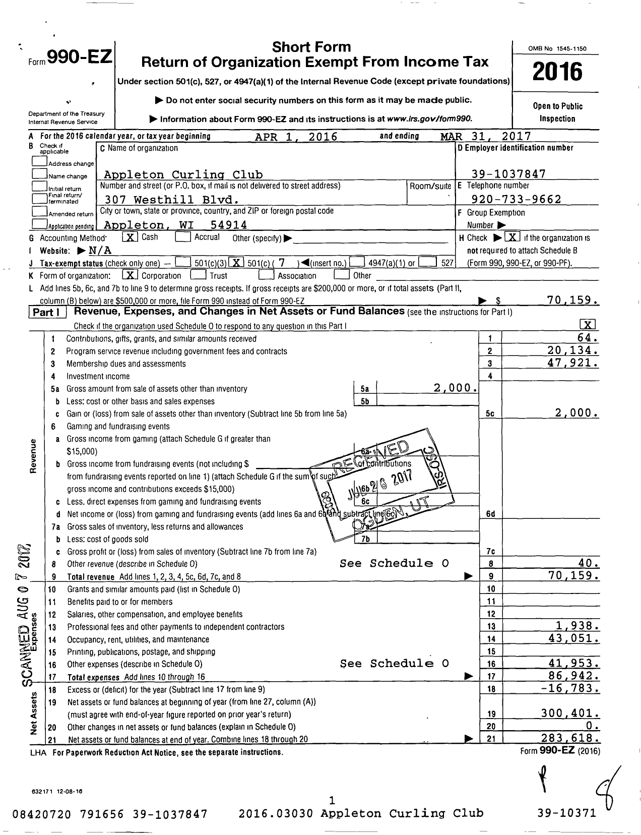 Image of first page of 2016 Form 990EO for Appleton Curling Club