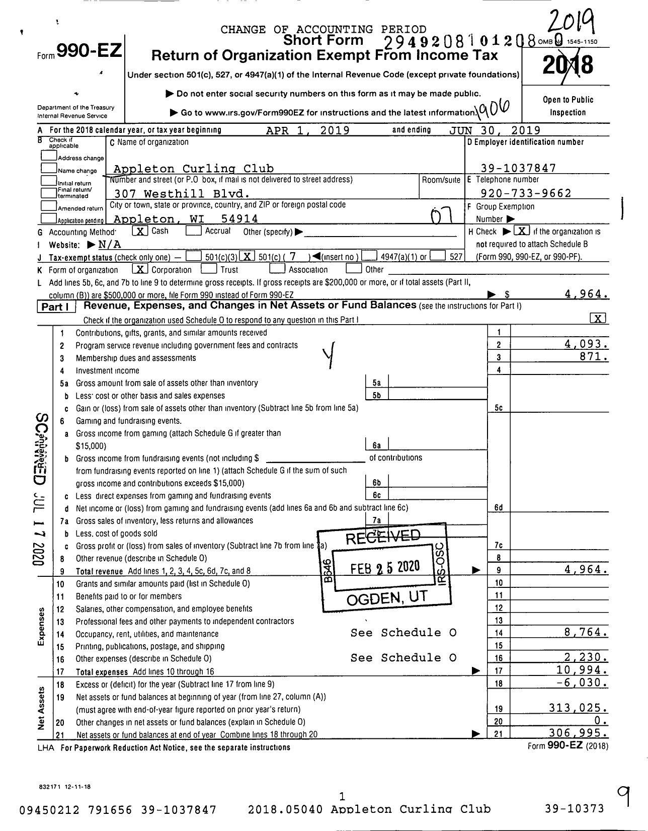 Image of first page of 2018 Form 990EO for Appleton Curling Club