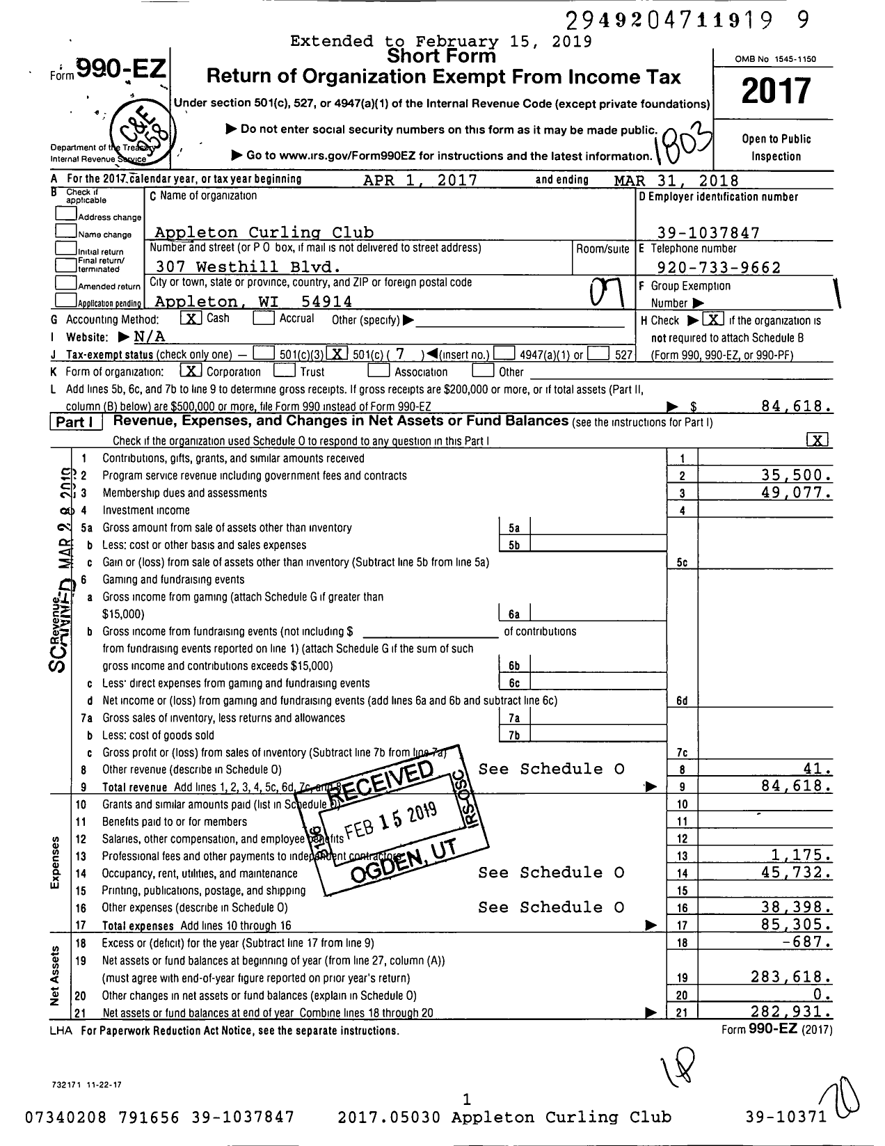 Image of first page of 2017 Form 990EO for Appleton Curling Club