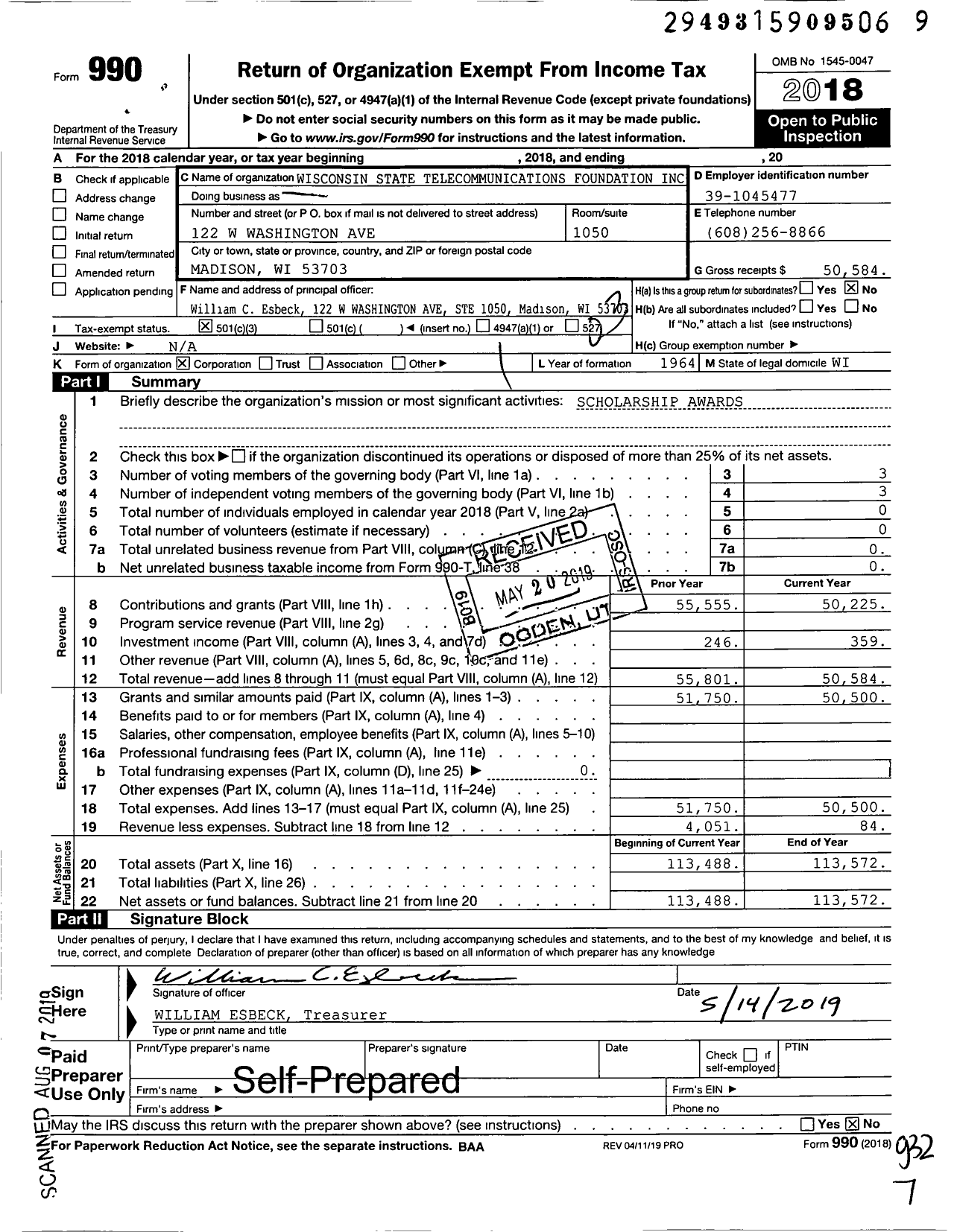 Image of first page of 2018 Form 990 for Wisconsin State Telecommunications Foundation