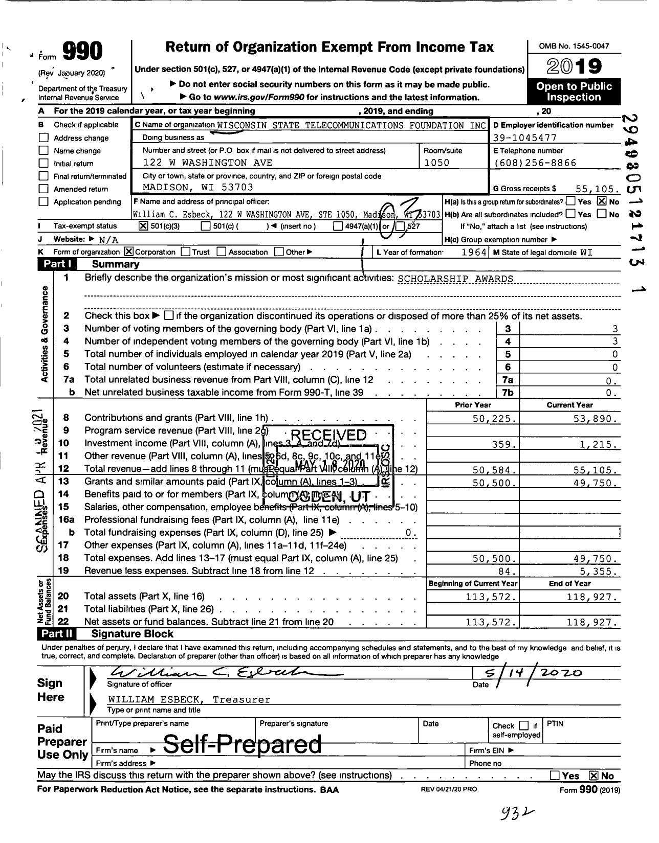 Image of first page of 2019 Form 990 for Wisconsin State Telecommunications Foundation