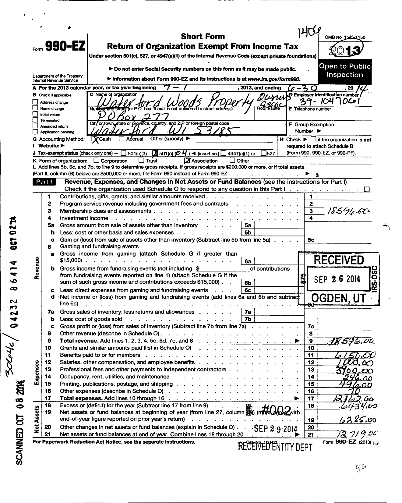 Image of first page of 2013 Form 990EO for Waterford Woods Property Owners Association