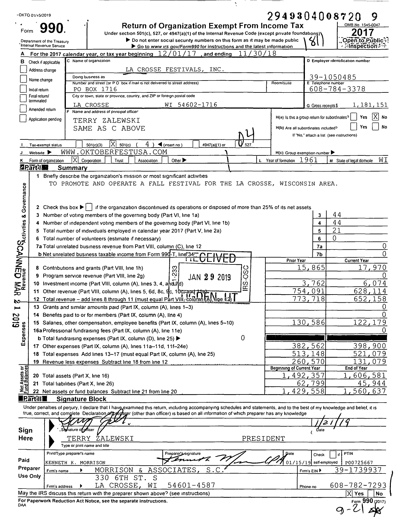 Image of first page of 2017 Form 990O for La Crosse Festivals