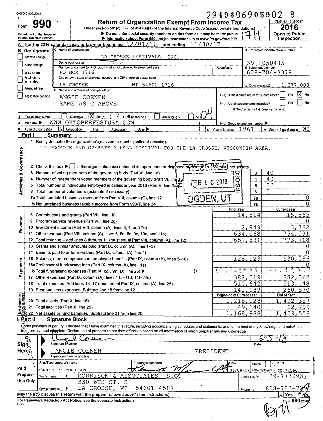 Image of first page of 2016 Form 990O for La Crosse Festivals
