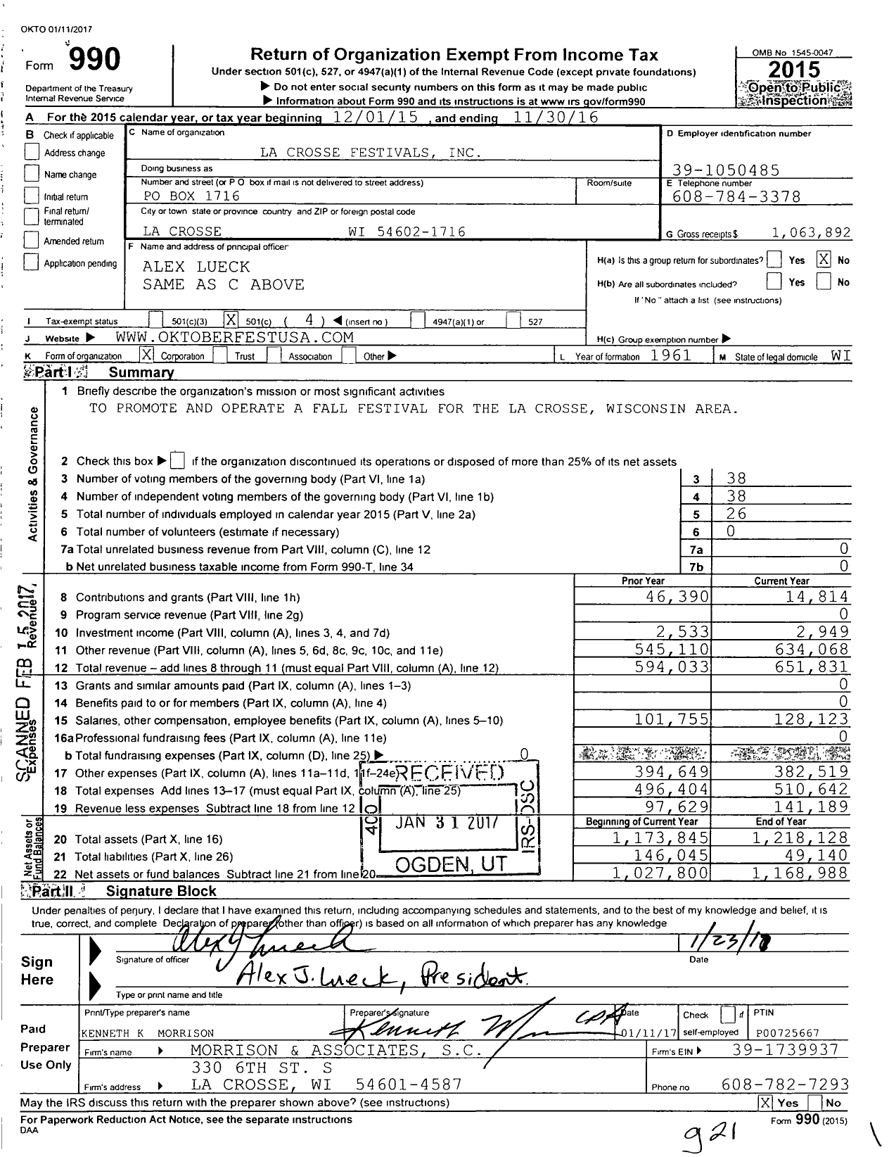 Image of first page of 2015 Form 990O for La Crosse Festivals