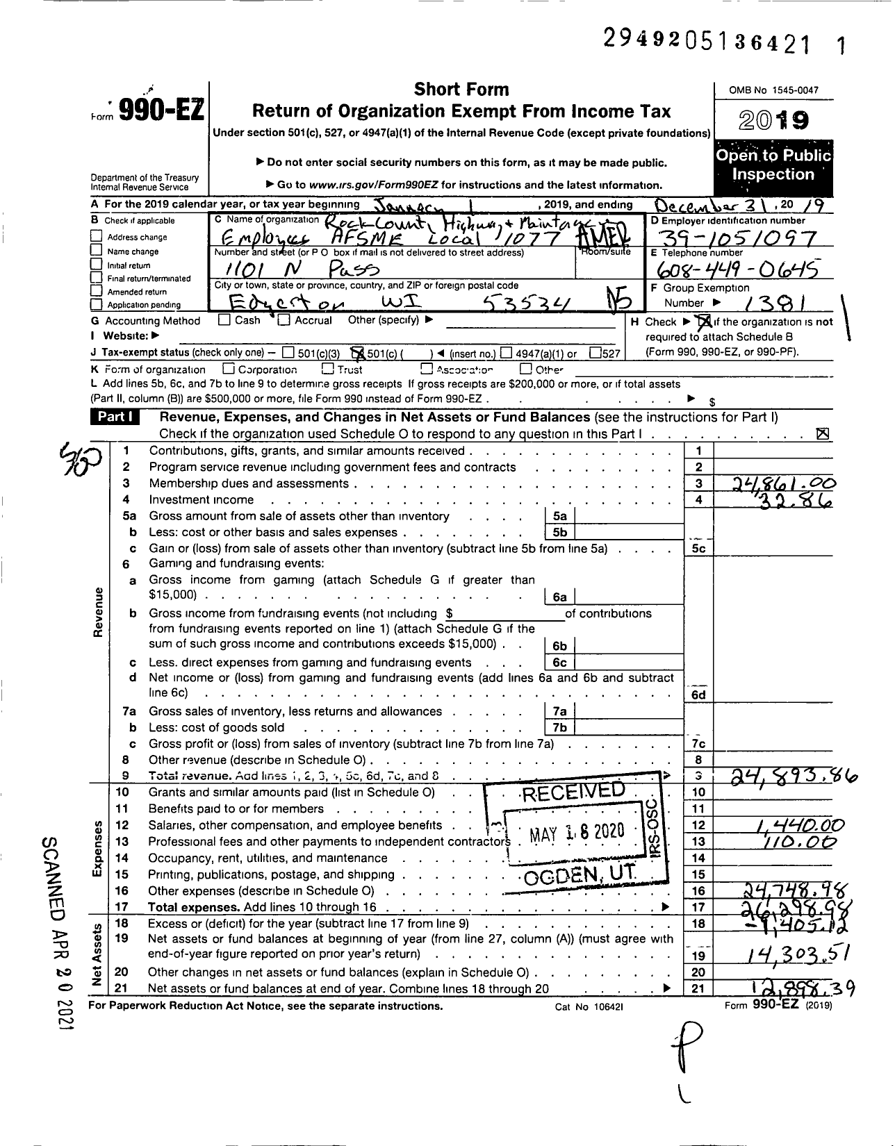 Image of first page of 2019 Form 990EO for American Federation of State County & Municipal Employees - L1077wi Rock Co Hwy Maintenance Emp