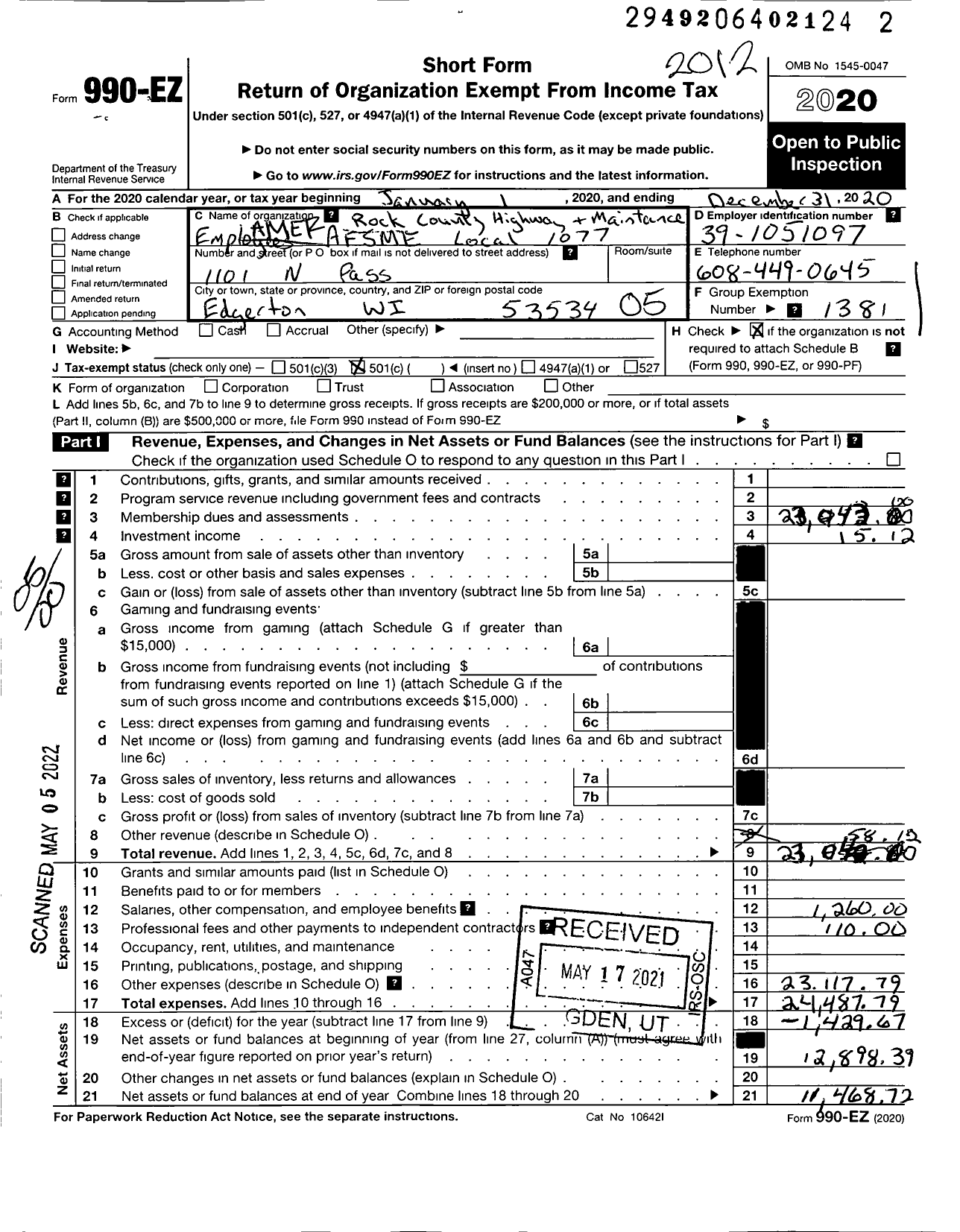 Image of first page of 2020 Form 990EO for American Federation of State County & Municipal Employees - L1077wi Rock Co Hwy Maintenance Emp