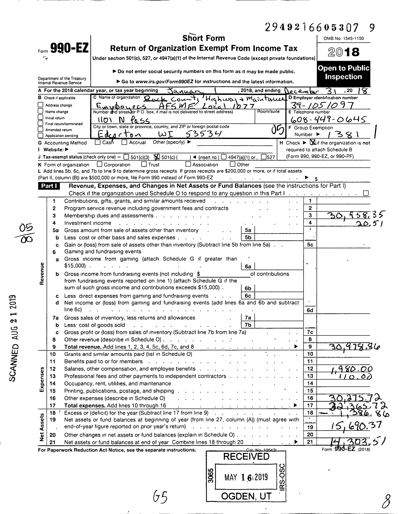 Image of first page of 2018 Form 990EO for American Federation of State County & Municipal Employees - L1077wi Rock Co Hwy Maintenance Emp
