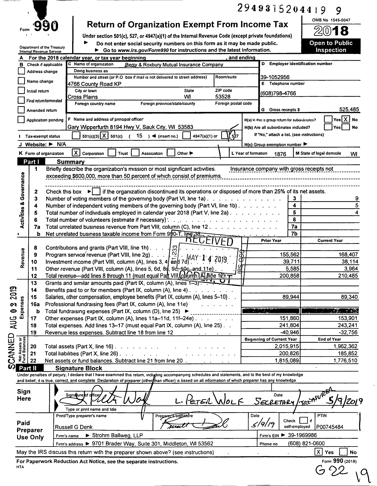 Image of first page of 2018 Form 990O for Berry & Roxbury Mutual Insurance Company