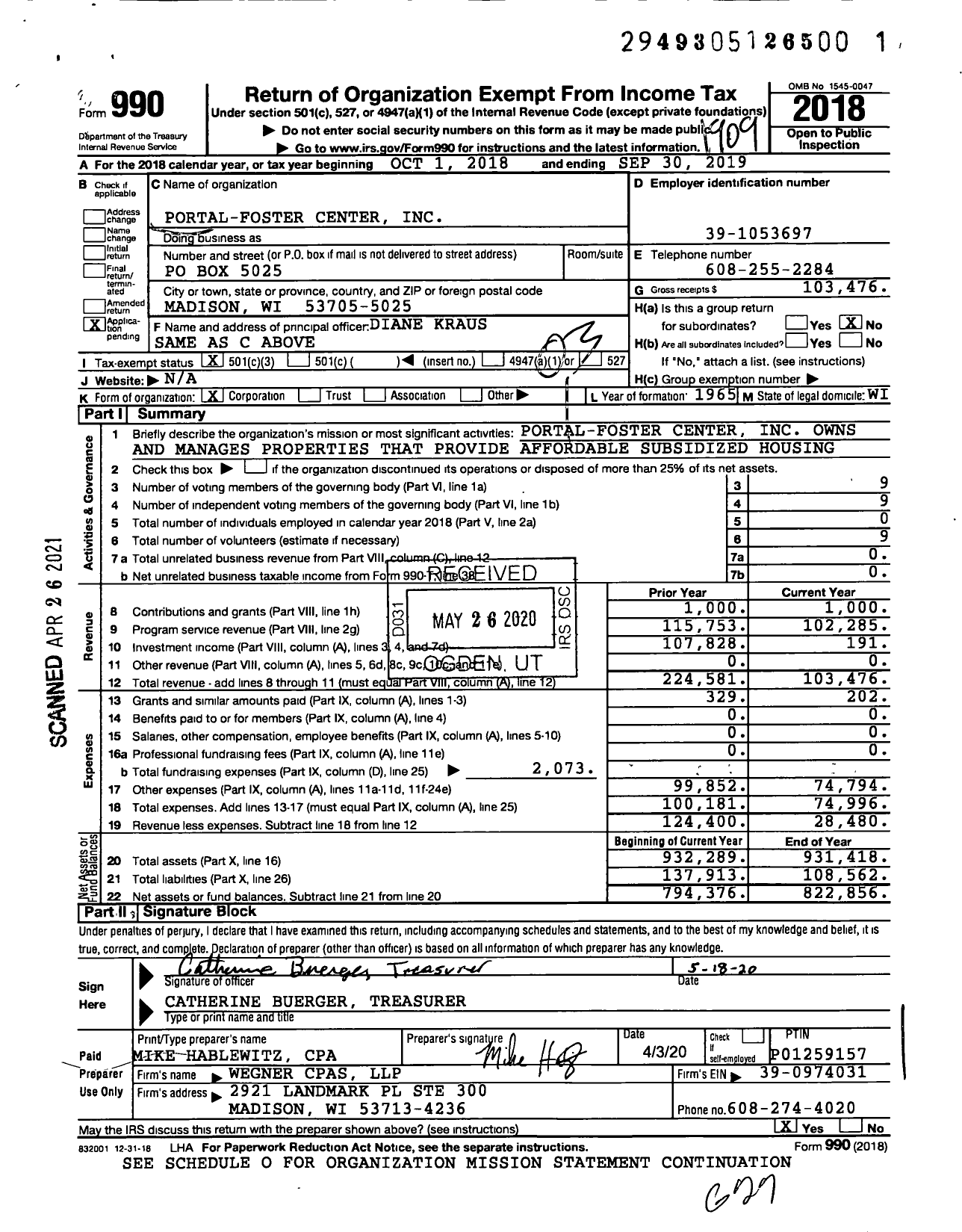 Image of first page of 2018 Form 990 for Portal-Foster Center