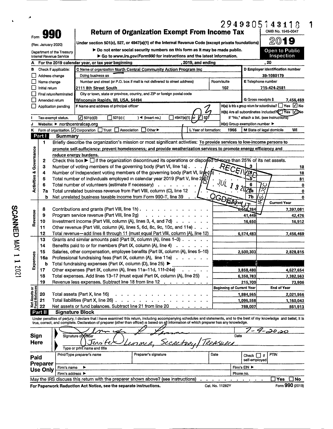 Image of first page of 2019 Form 990 for North Central Community Action Program