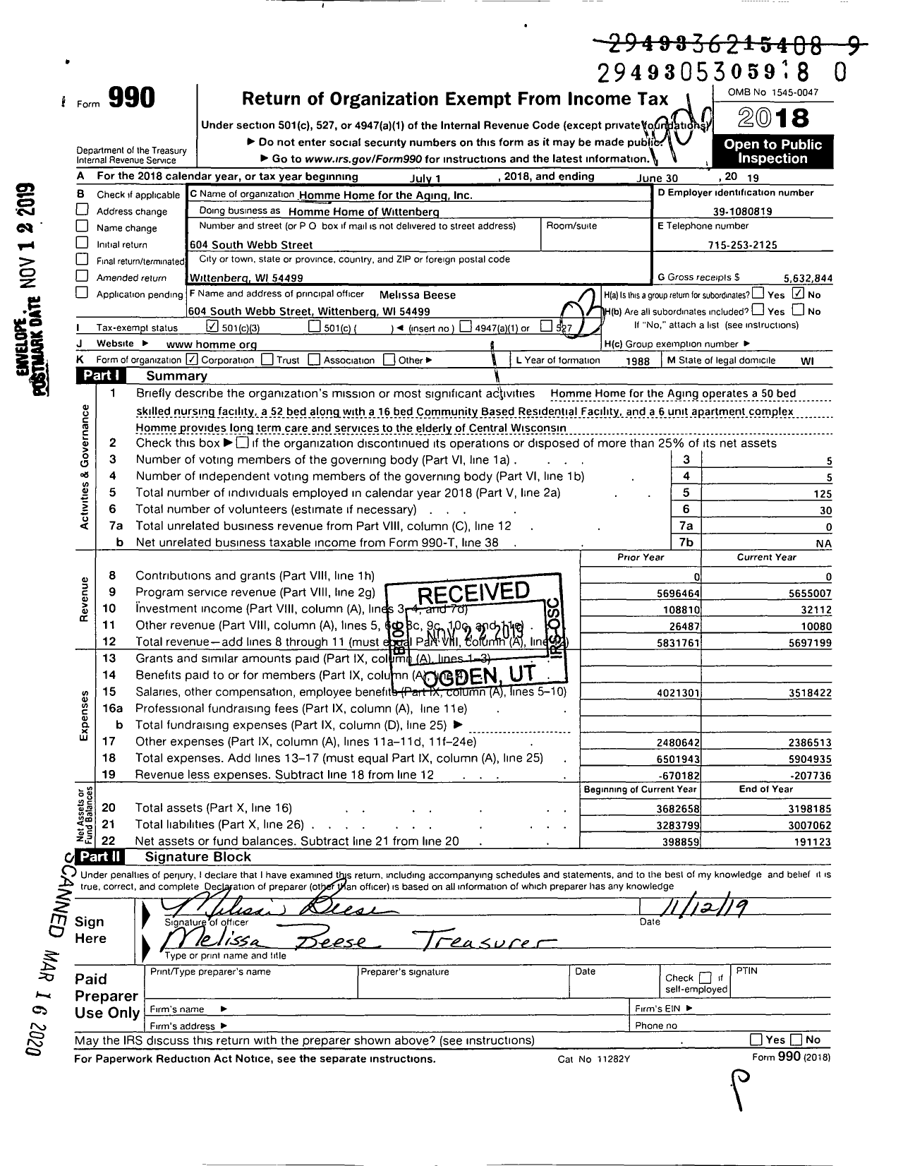 Image of first page of 2018 Form 990 for Homme Home of Wittenberg