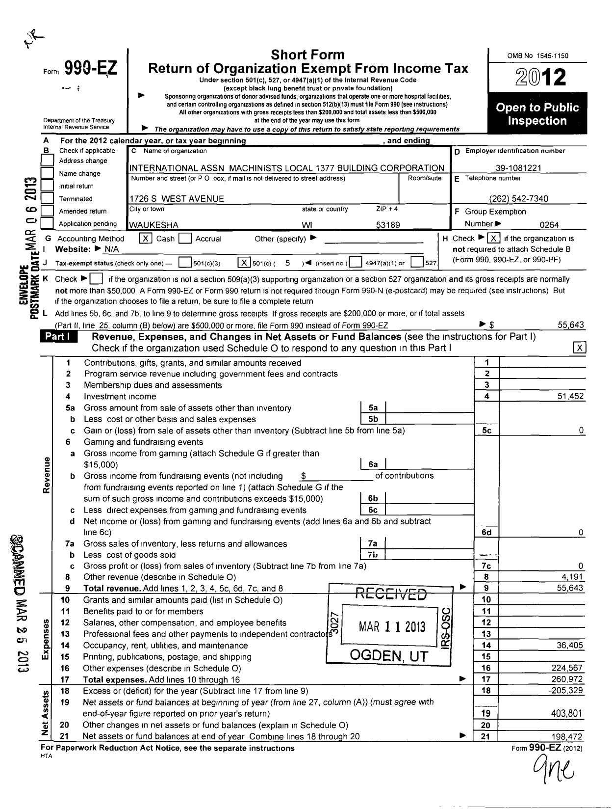 Image of first page of 2012 Form 990EO for International Association of Machinists and Aerospace Workers - 1377 Building Corporation