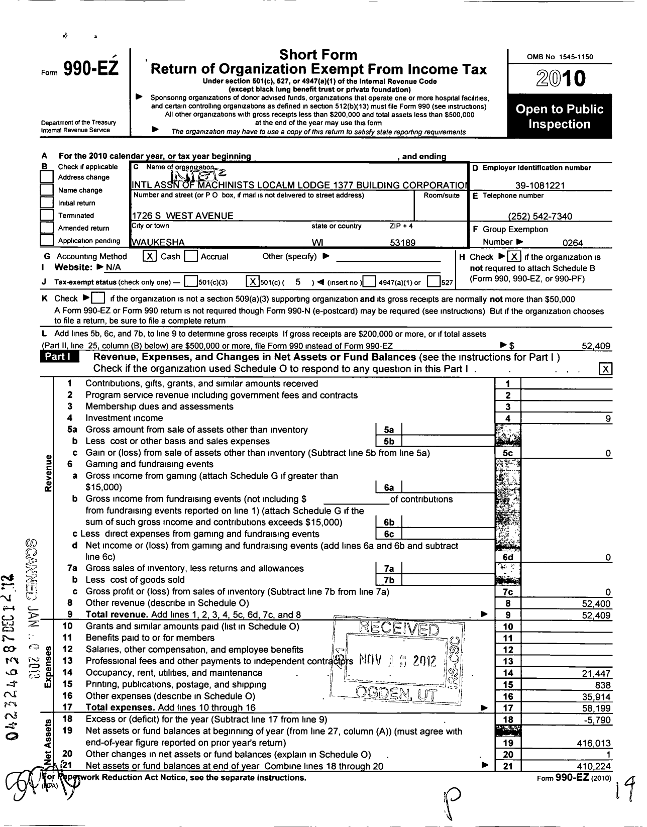 Image of first page of 2010 Form 990EZ for International Association of Machinists and Aerospace Workers - 1377 Building Corporation