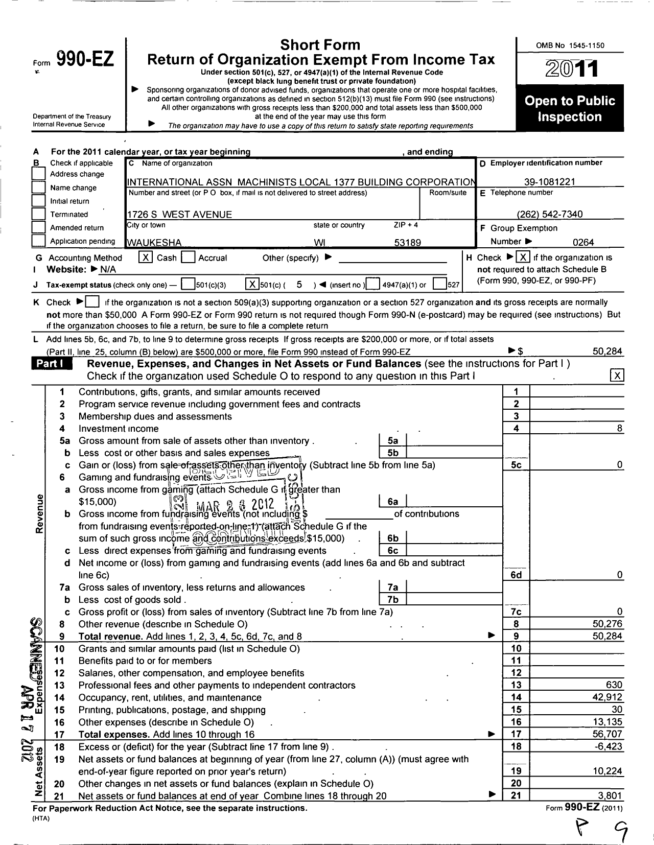 Image of first page of 2011 Form 990EO for International Association of Machinists and Aerospace Workers - 1377 Building Corporation