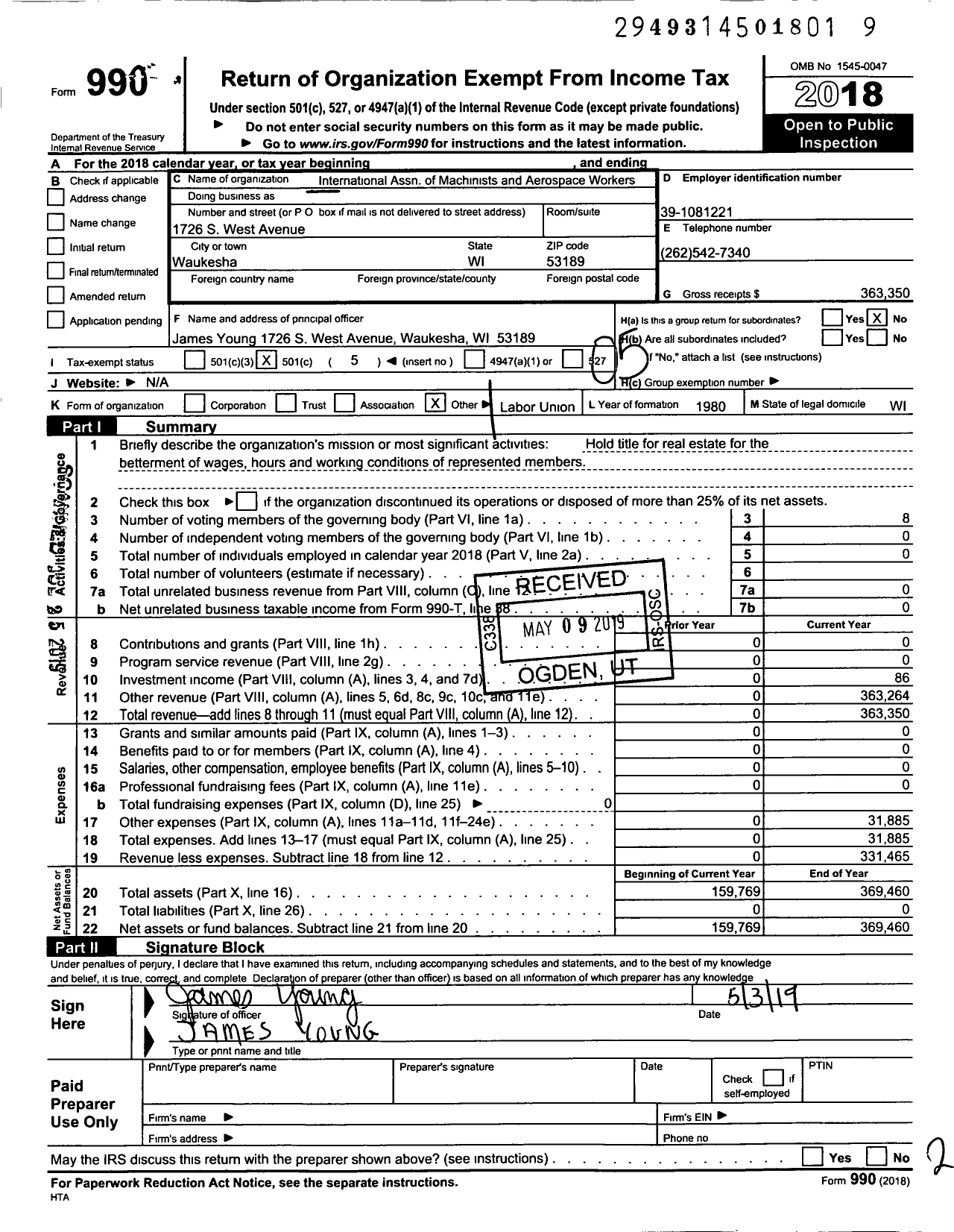 Image of first page of 2018 Form 990O for International Association of Machinists and Aerospace Workers - 1377 Building Corporation