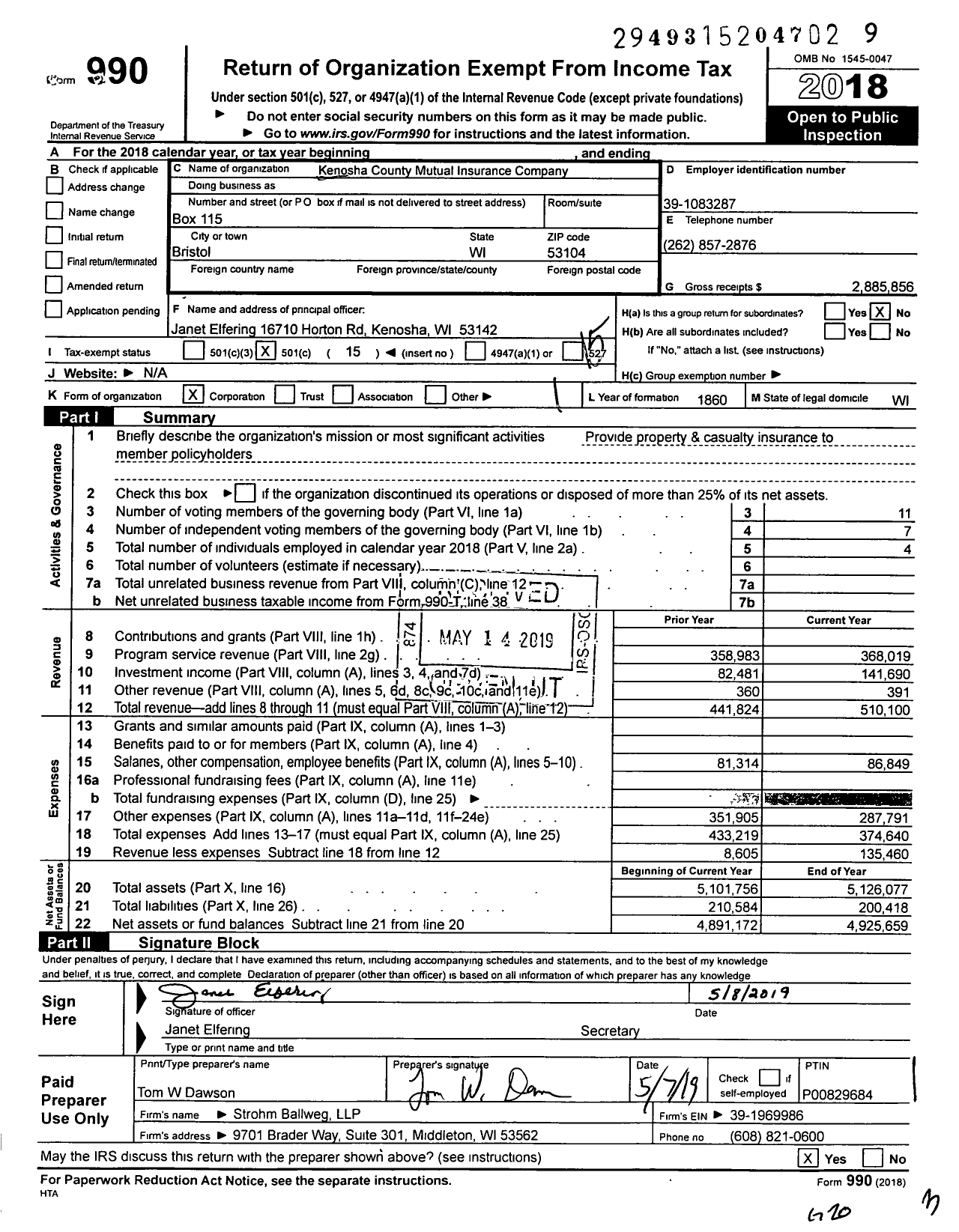 Image of first page of 2018 Form 990O for Kenosha County Mutual Insurance Company